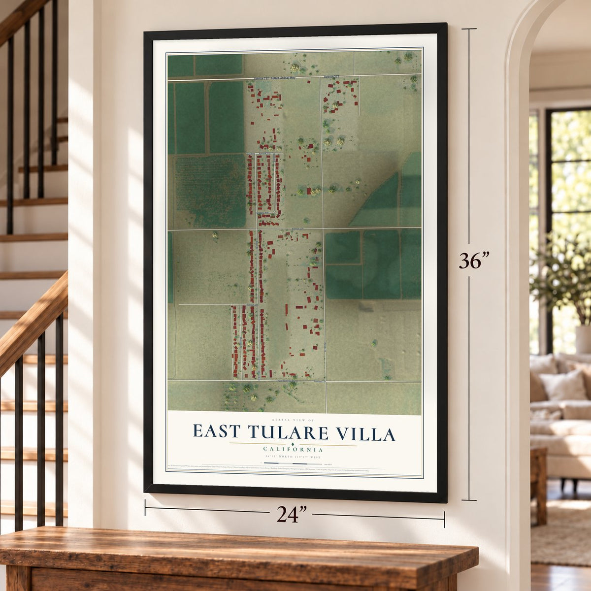 East Tulare Villa, California map, 24 x 36 inch print in a black frame by a staircase