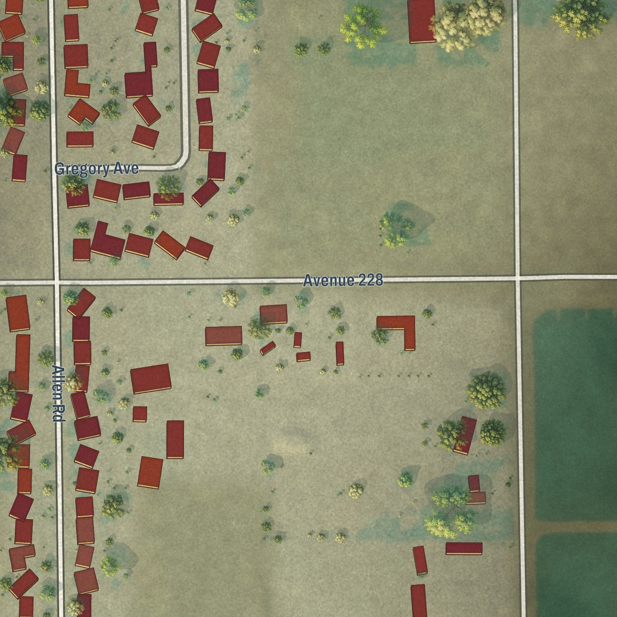 Close-up of the map of East Tulare Villa, California print showing street and building detail