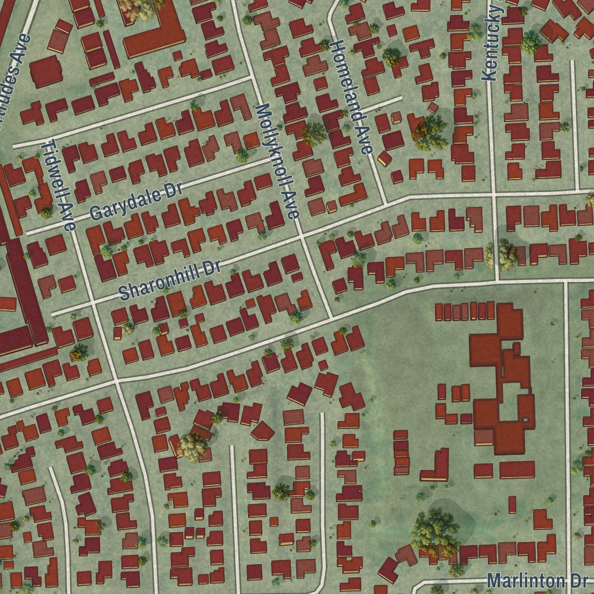 Second close-up of the map of East Whittier, California print showing more streets and buildings