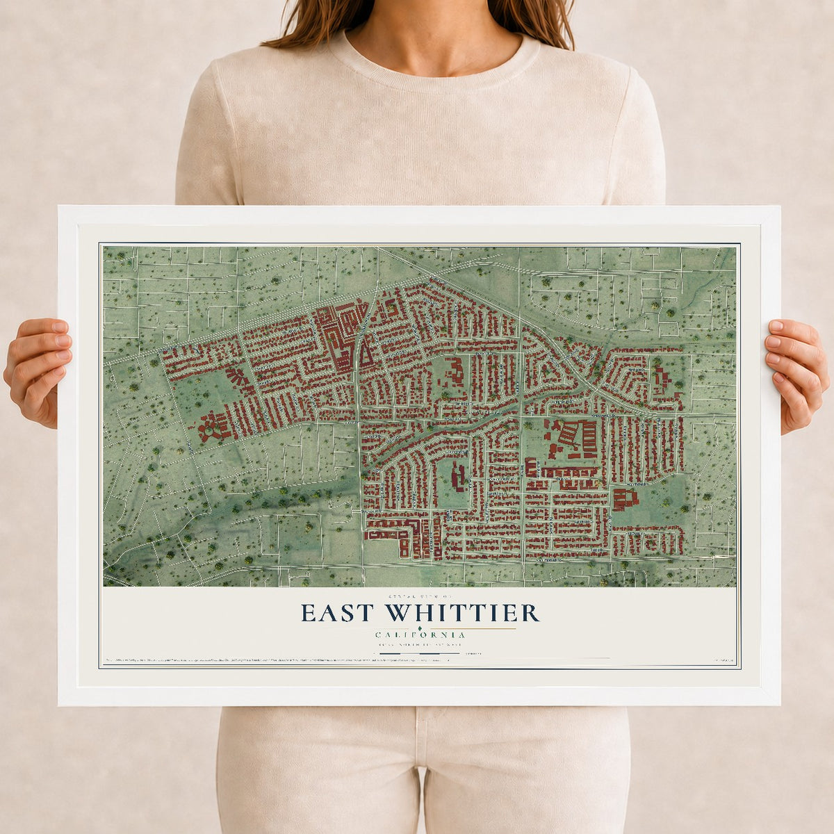 Map of East Whittier, California, 12 x 18 inch print in a white wood frame