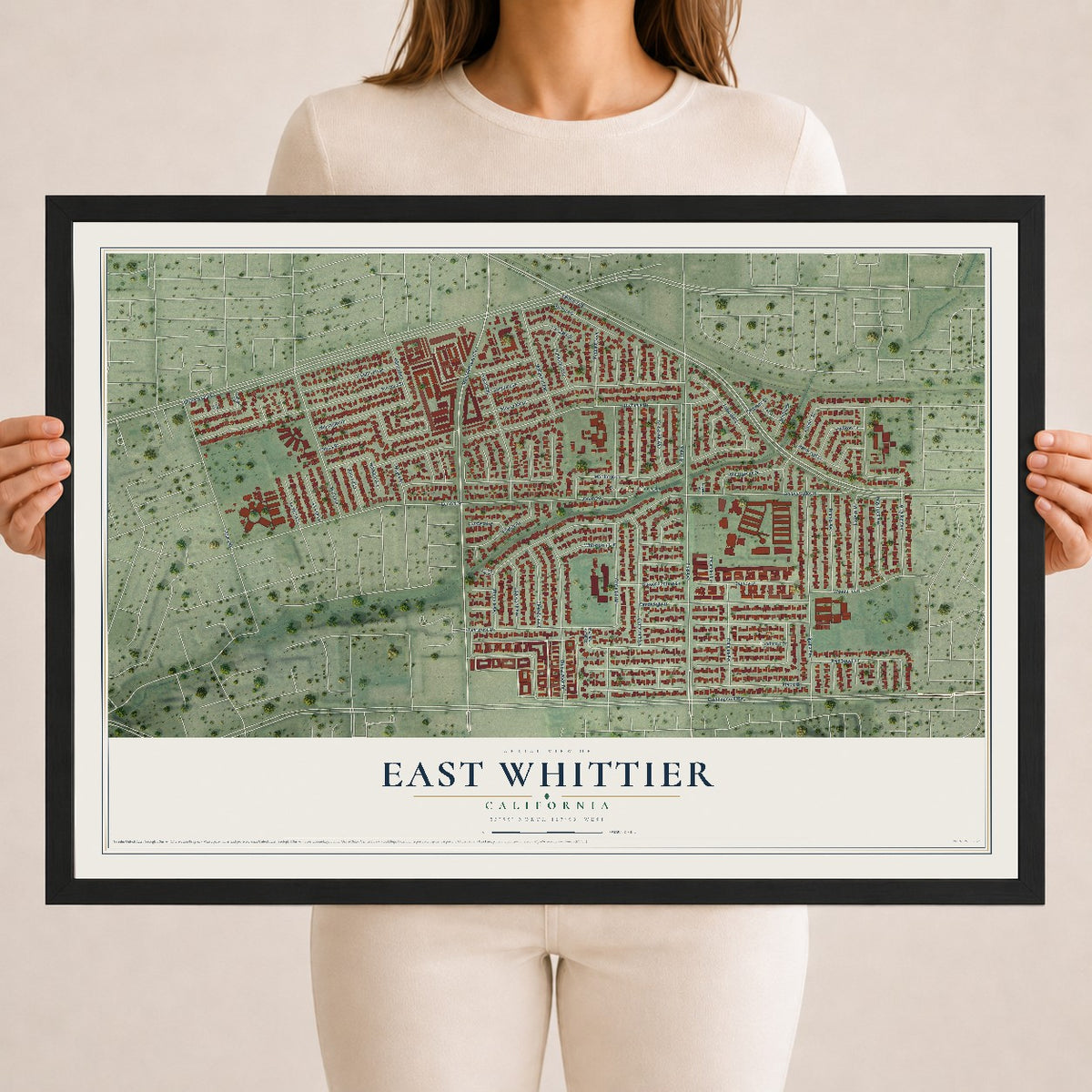 Map of East Whittier, California, 18 x 24 inch print in a black wood frame