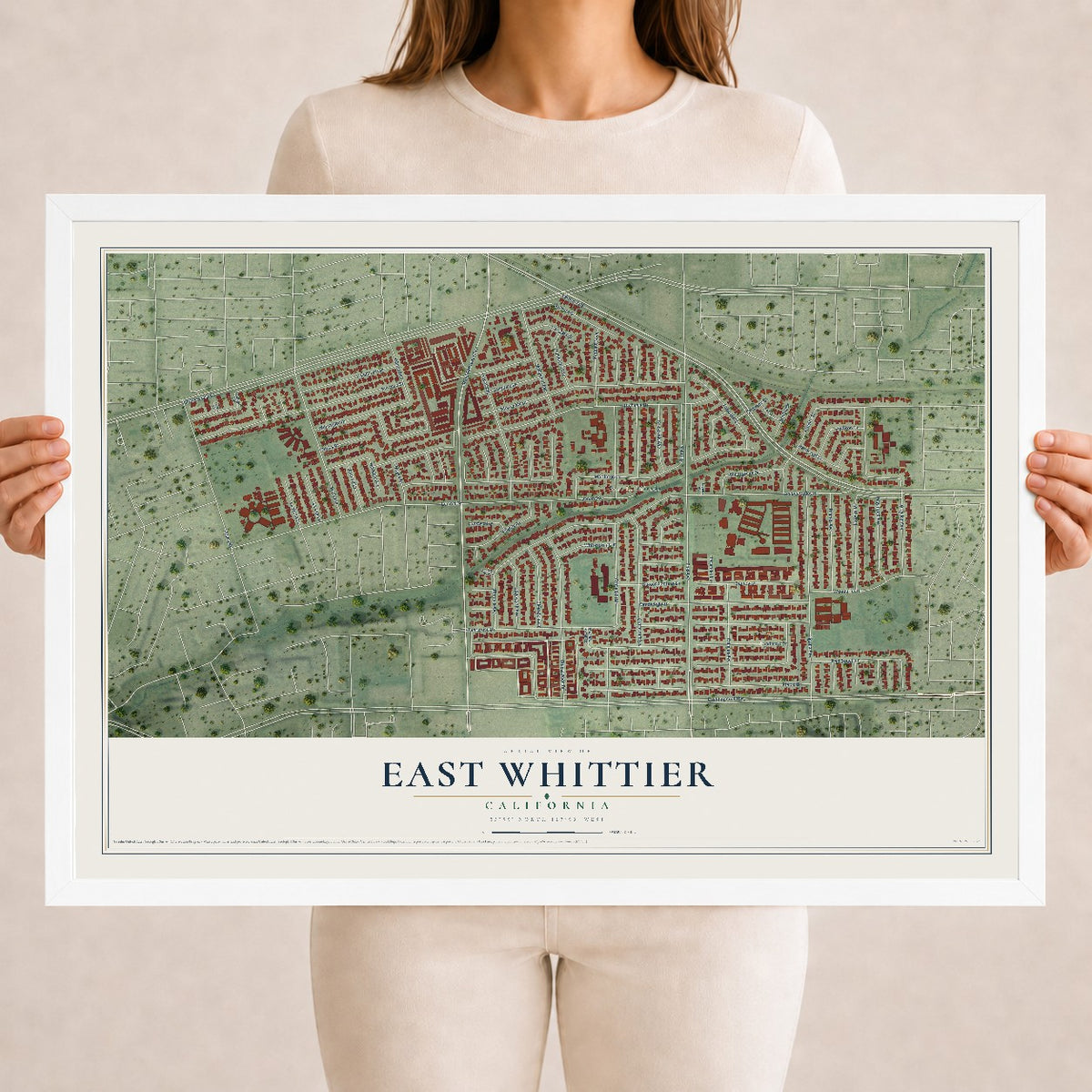Map of East Whittier, California, 18 x 24 inch print in a white wood frame