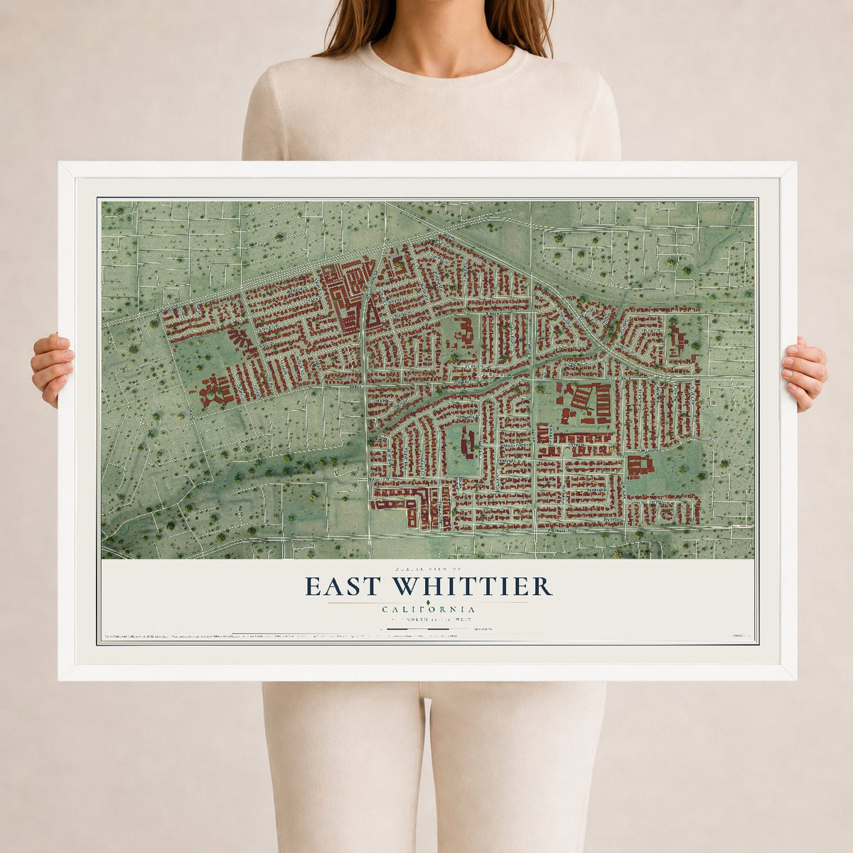 Map of East Whittier, California, 24 x 36 inch print in a white wood frame