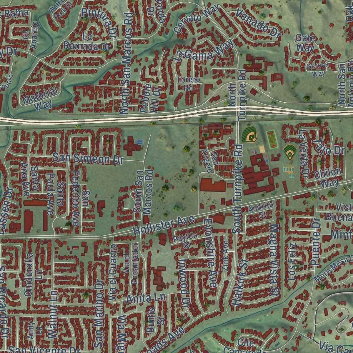 Close-up of the map of Eastern Goleta Valley, California print showing street and building detail