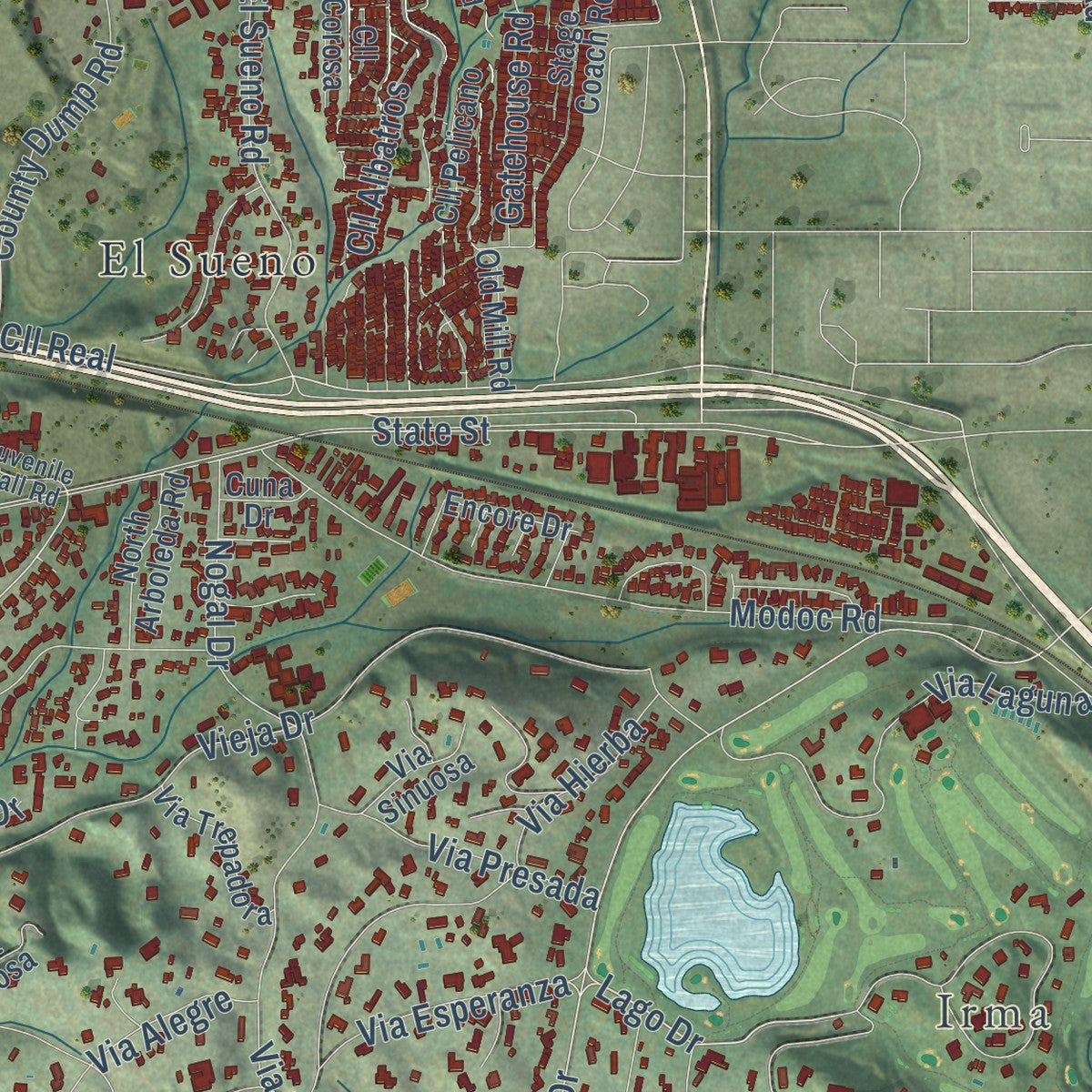 Second close-up of the map of Eastern Goleta Valley, California print showing more streets and buildings