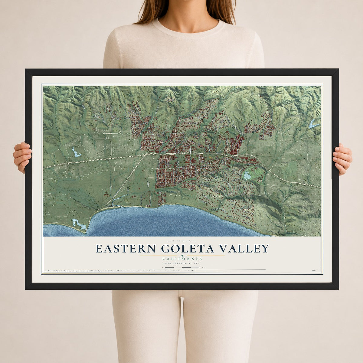 Map of Eastern Goleta Valley, California, 24 x 36 inch print in a black wood frame