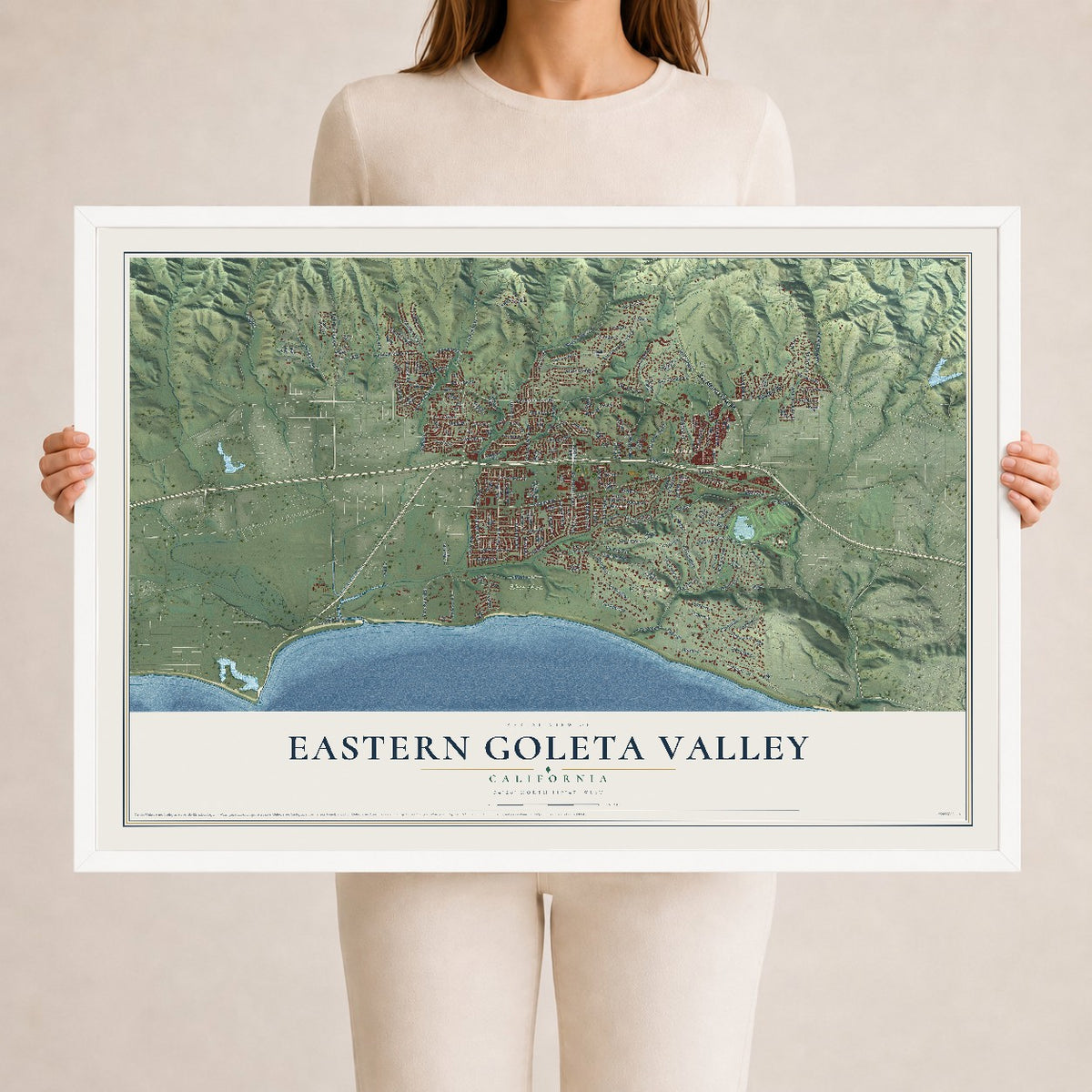 Map of Eastern Goleta Valley, California, 24 x 36 inch print in a white wood frame