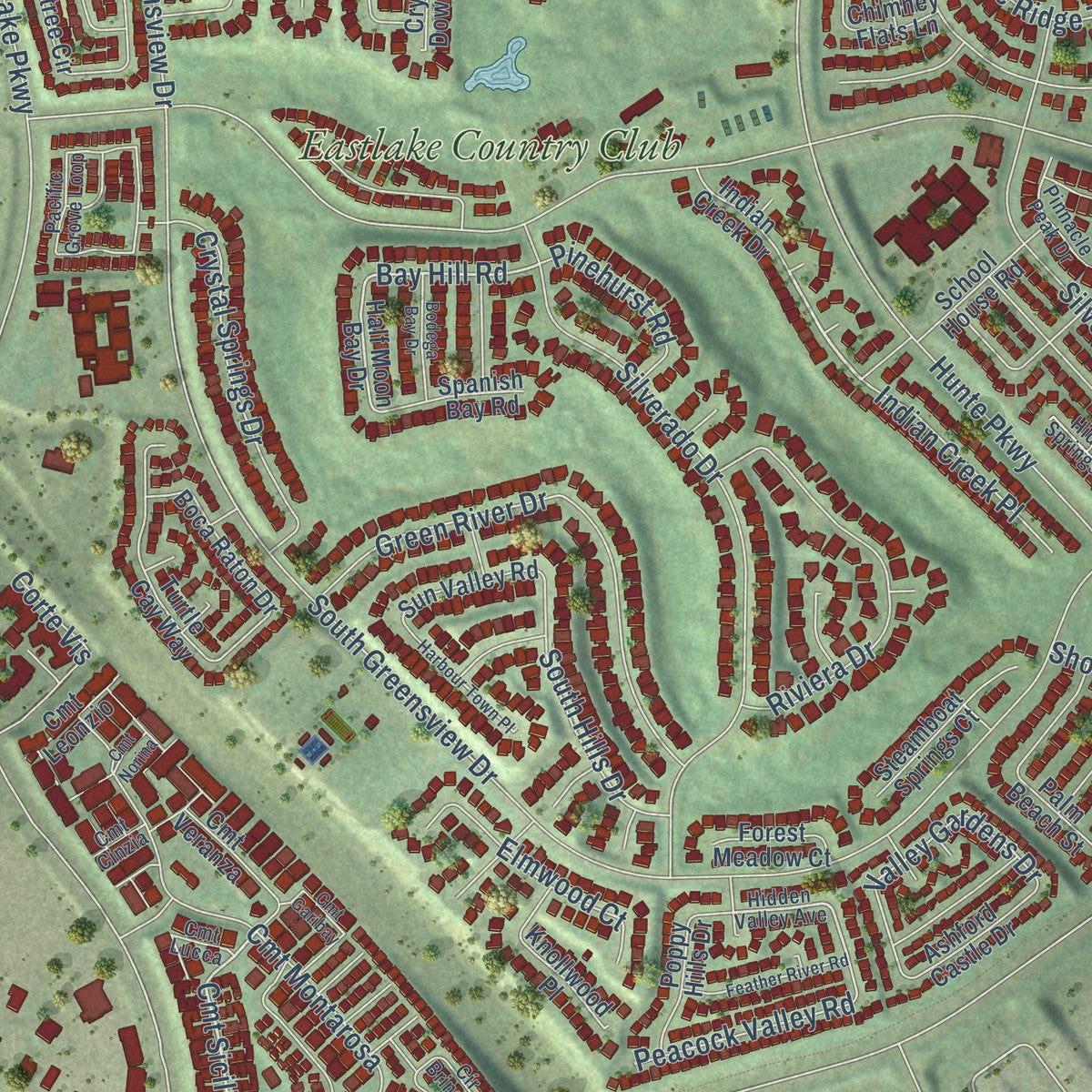 Close-up of the map of Eastlake, California print showing street and building detail