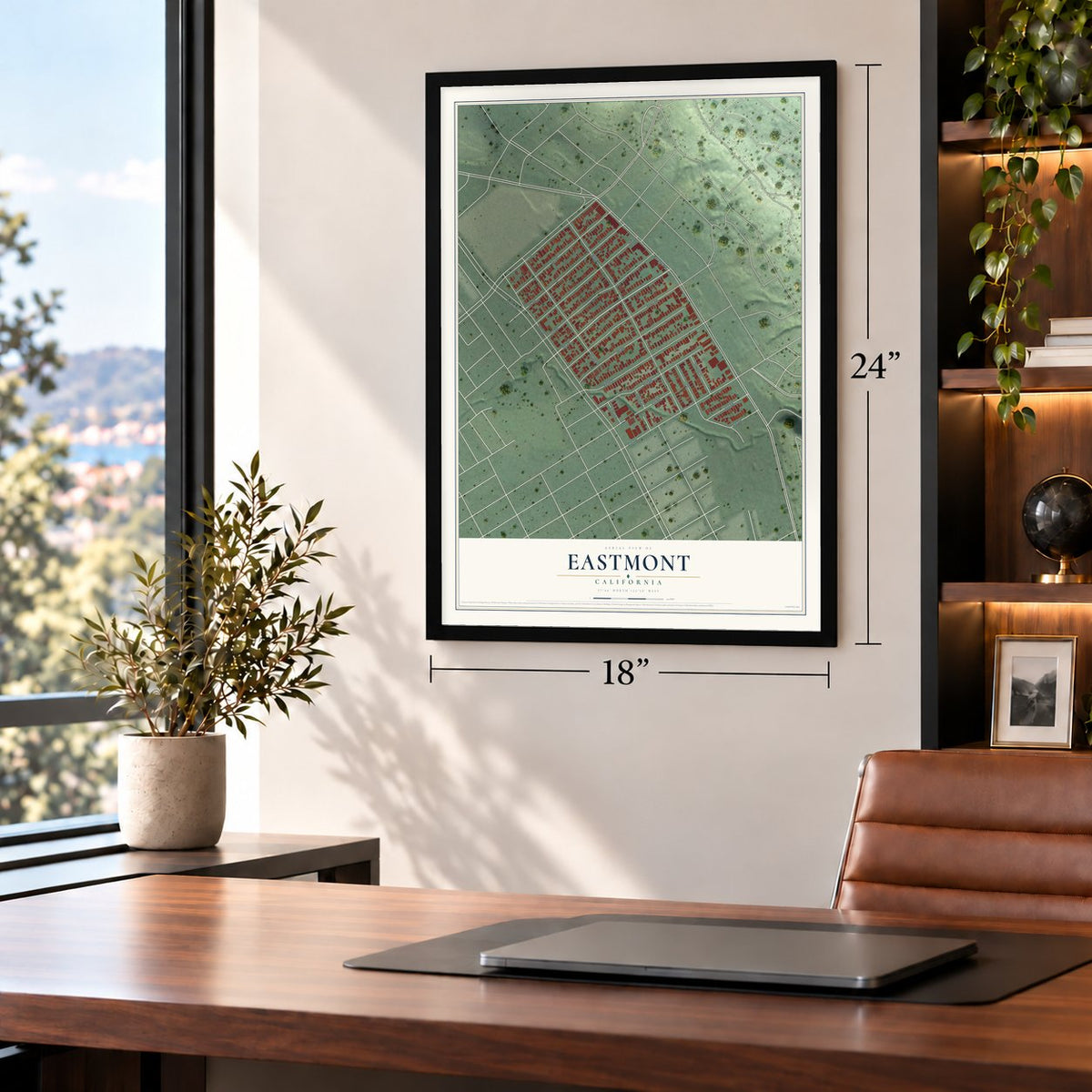 Eastmont, California map, 18 x 24 inch print in a black frame in a home office