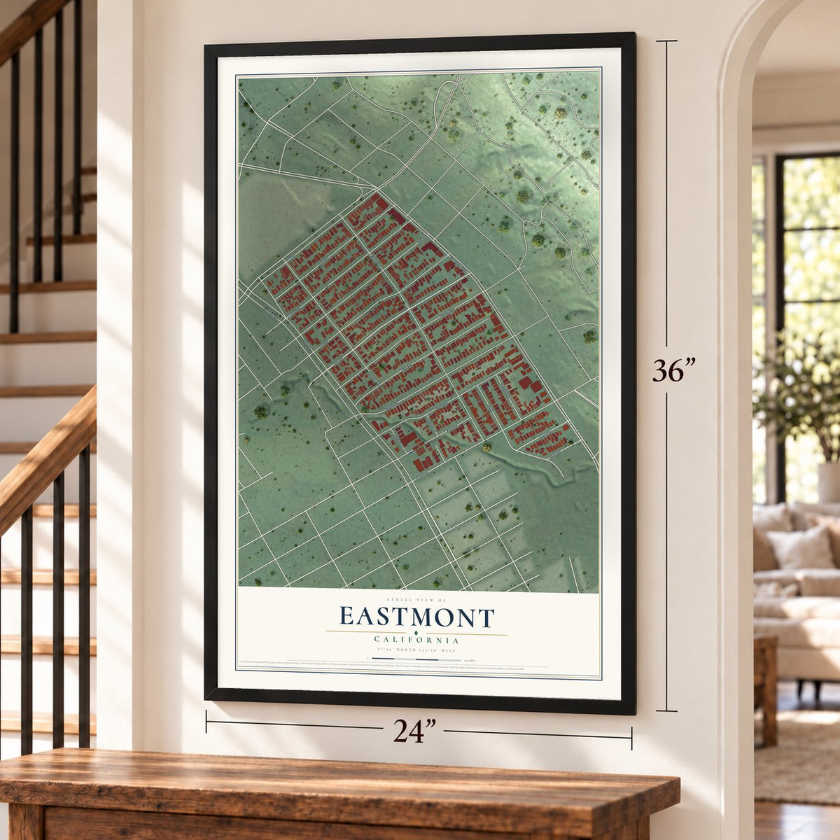 Eastmont, California map, 24 x 36 inch print in a black frame by a staircase