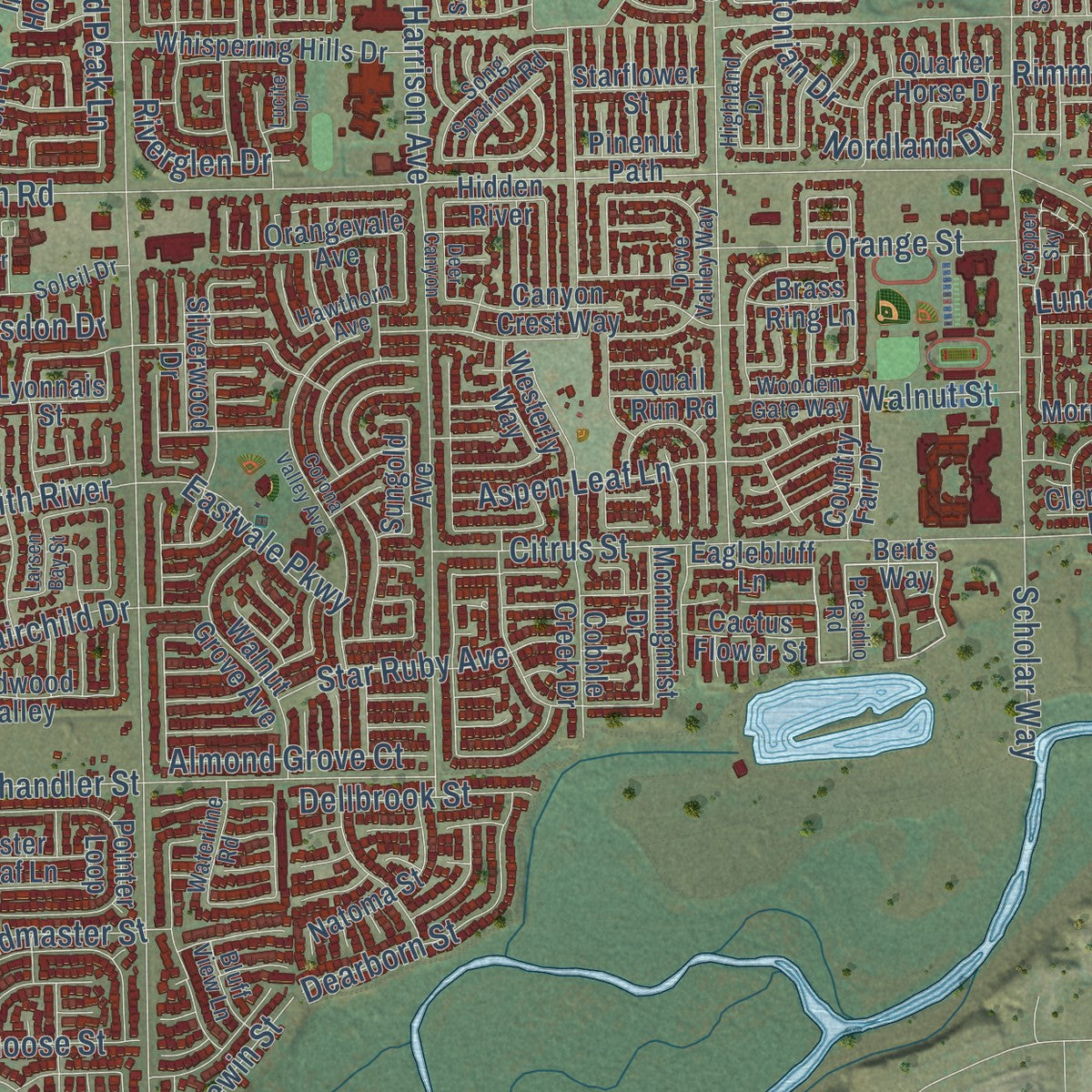Close-up of the map of Eastvale, California print showing street and building detail