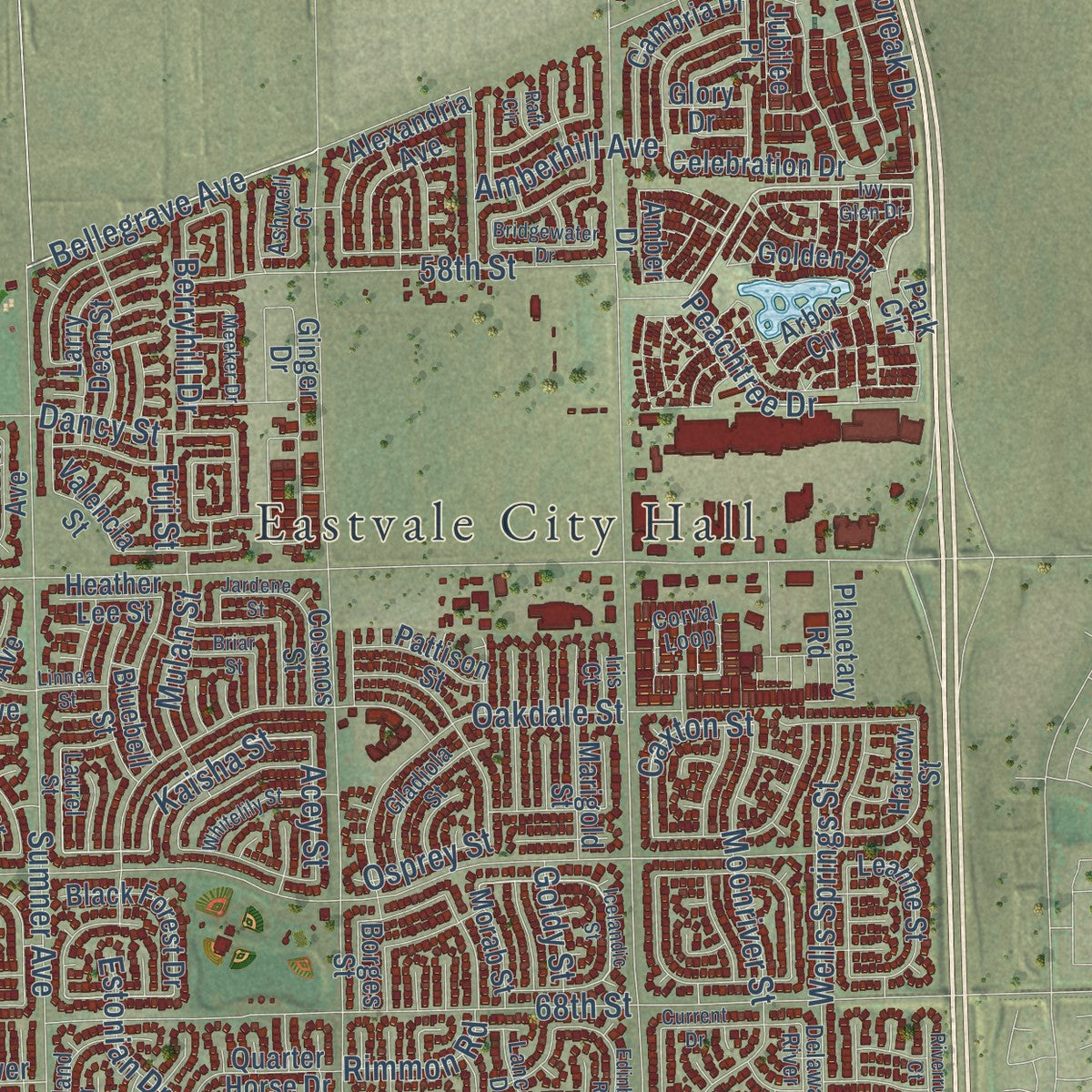 Second close-up of the map of Eastvale, California print showing more streets and buildings