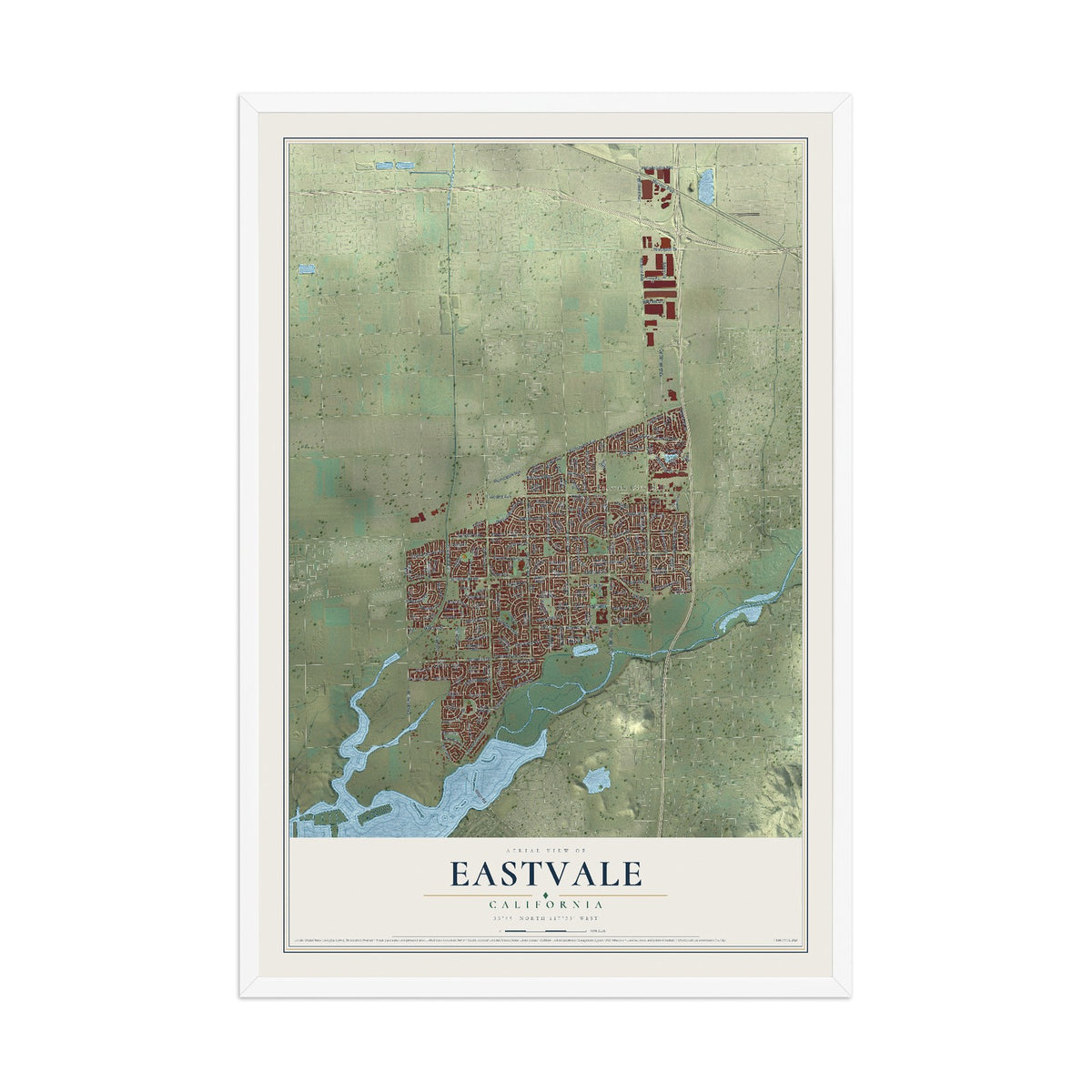 Map of Eastvale, California, 12 x 18 inch print in a white wood frame