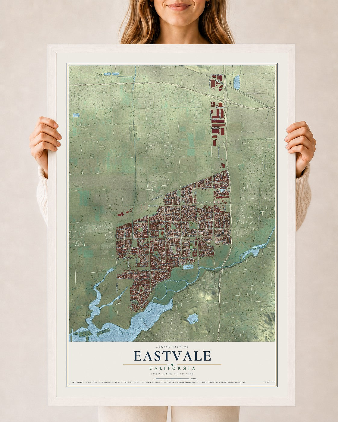 Map of Eastvale, California, 24 x 36 inch print in a white wood frame