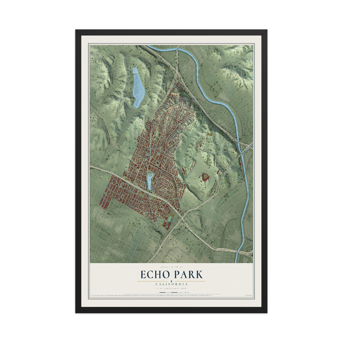 Map of Echo Park, California, 12 x 18 inch print in a black wood frame