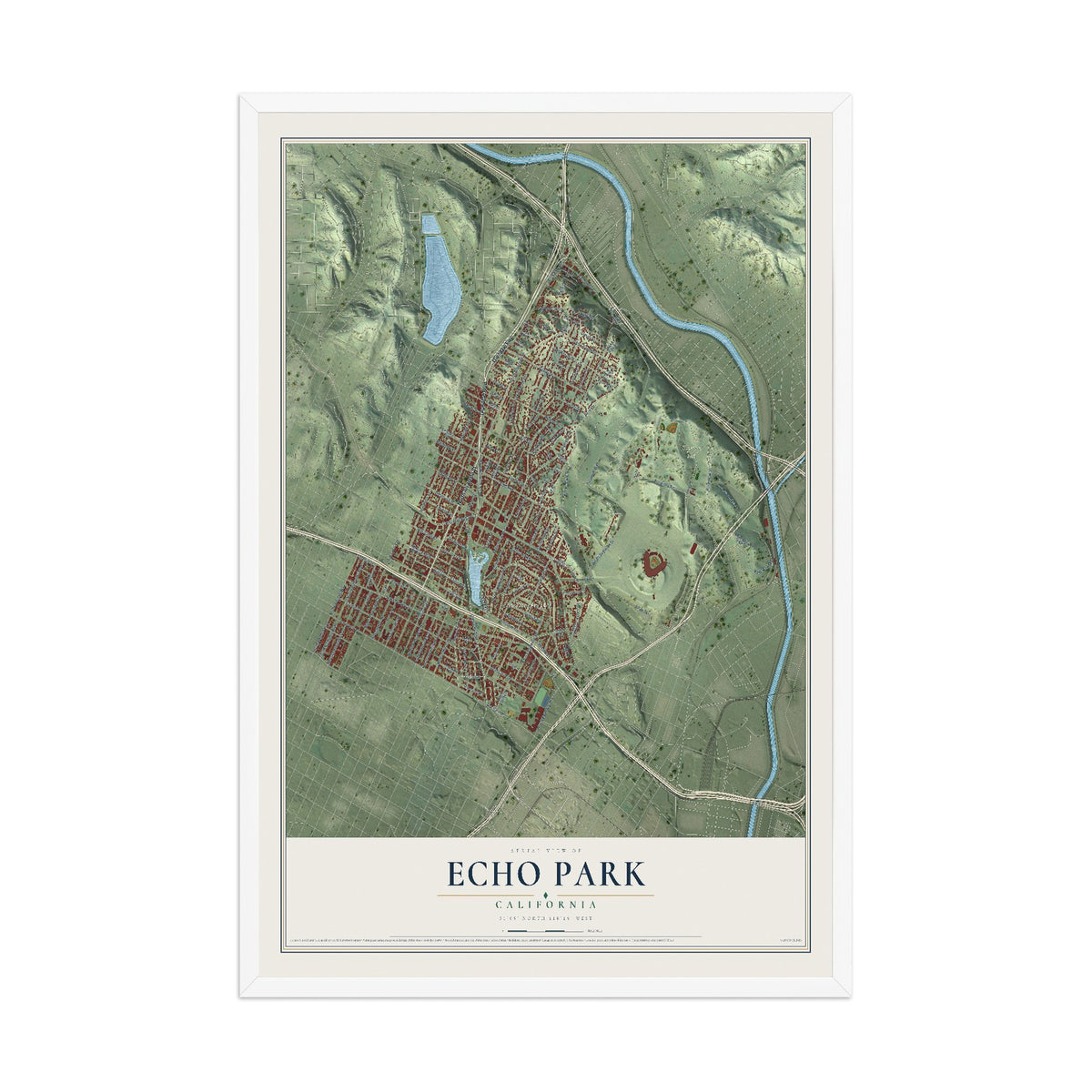 Map of Echo Park, California, 12 x 18 inch print in a white wood frame
