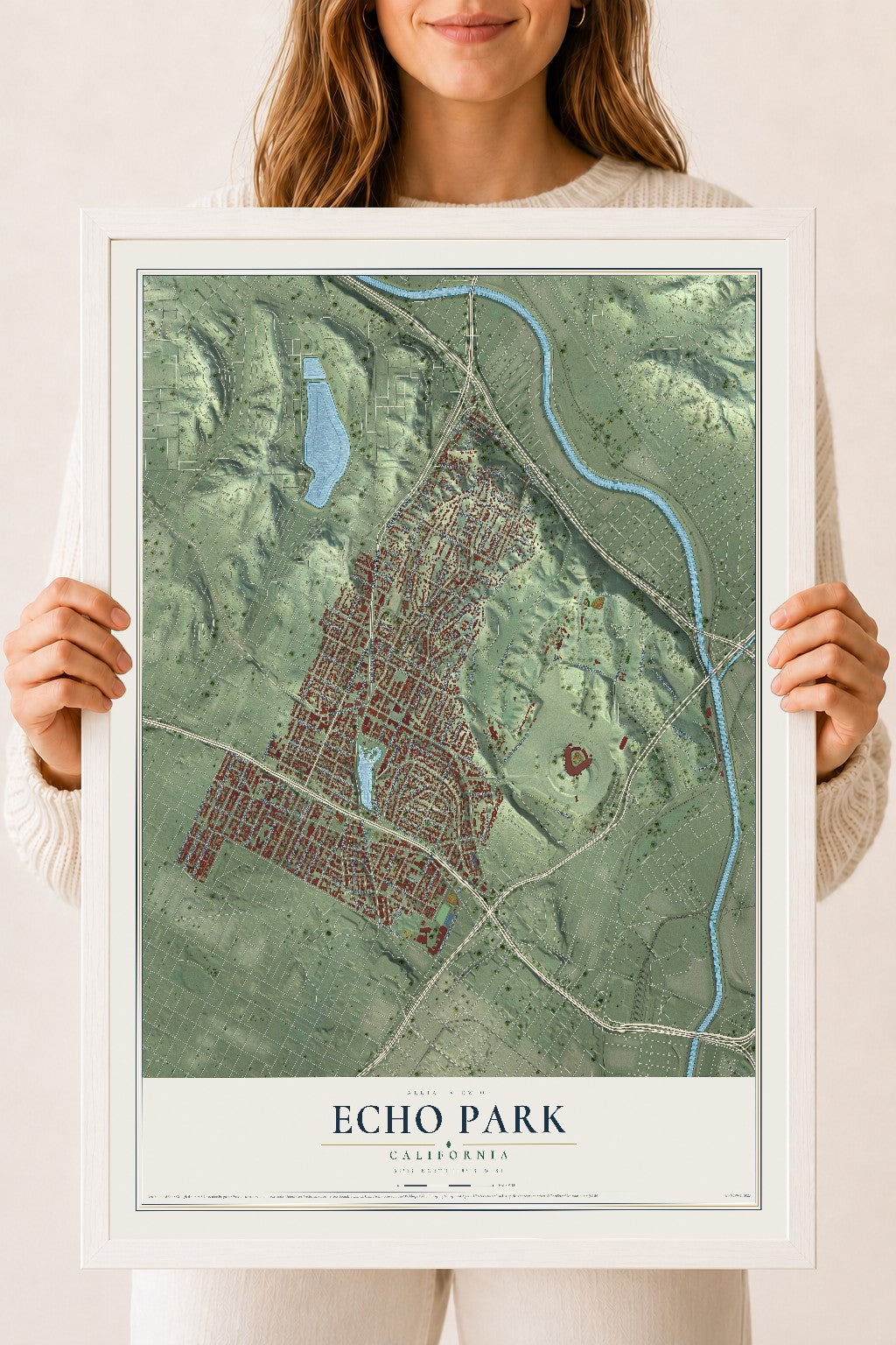 Map of Echo Park, California, 18 x 24 inch print in a white wood frame