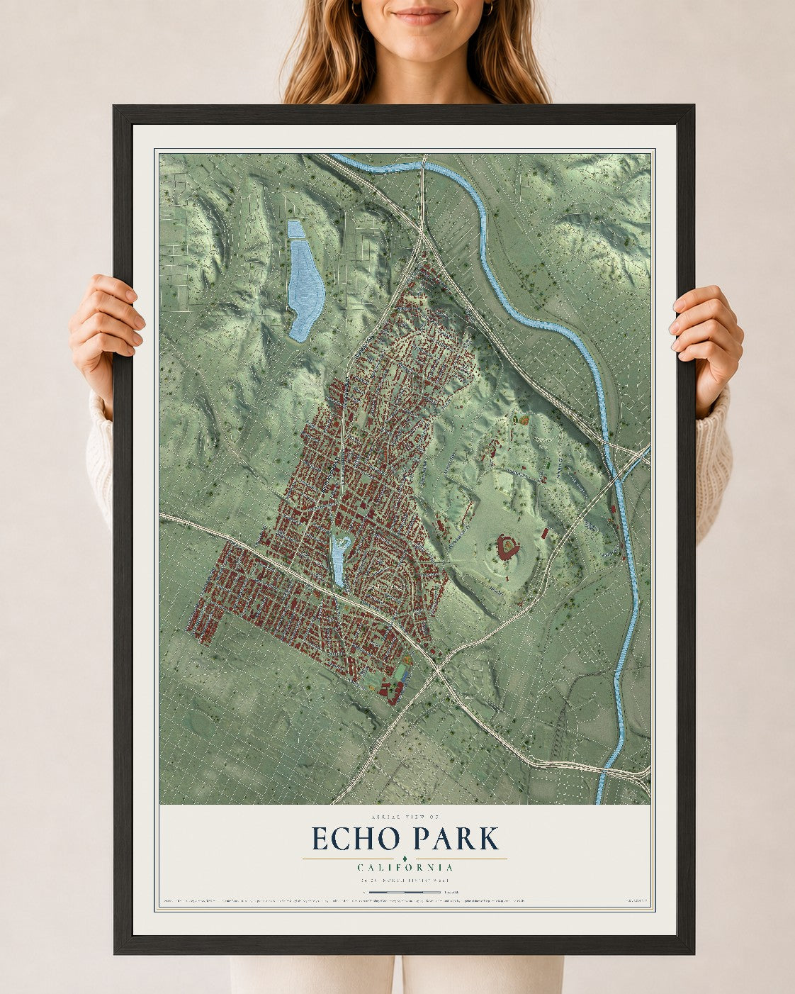 Map of Echo Park, California, 24 x 36 inch print in a black wood frame