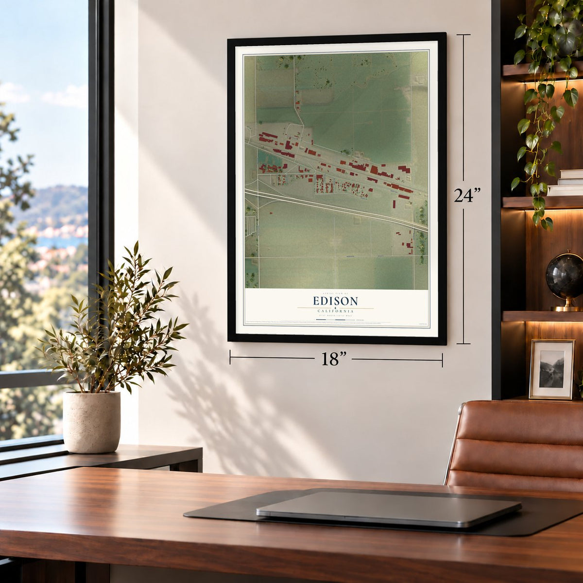 Edison, California map, 18 x 24 inch print in a black frame in a home office