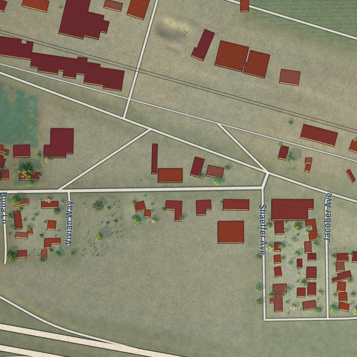 Close-up of the map of Edison, California print showing street and building detail