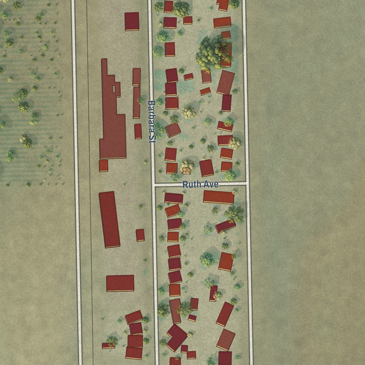 Close-up of the map of Edmundson Acres, California print showing street and building detail