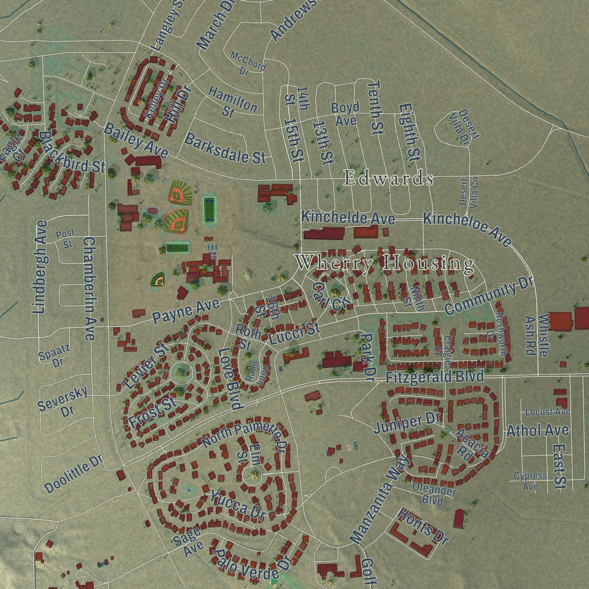 Close-up of the map of Edwards AFB, California print showing street and building detail
