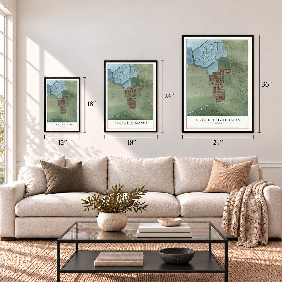 Egger Highlands, California map in 12 x 18, 18 x 24 and 24 x 36 inch sizes above a sofa