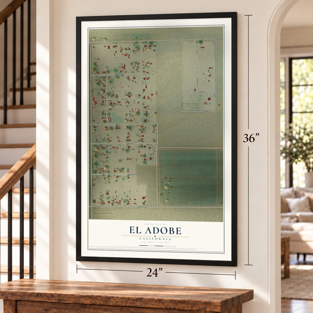 El Adobe, California map, 24 x 36 inch print in a black frame by a staircase