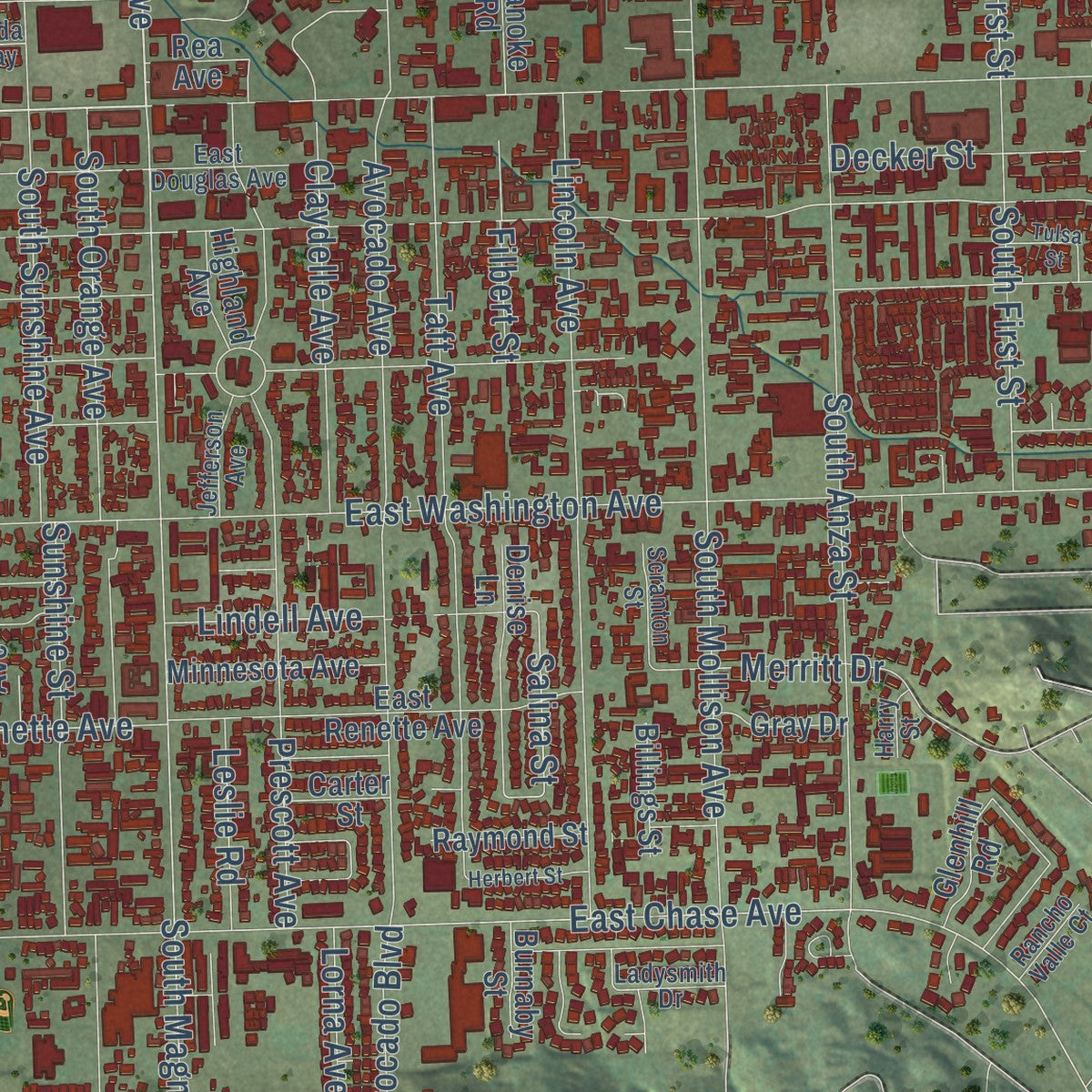 Close-up of the map of El Cajon, California print showing street and building detail