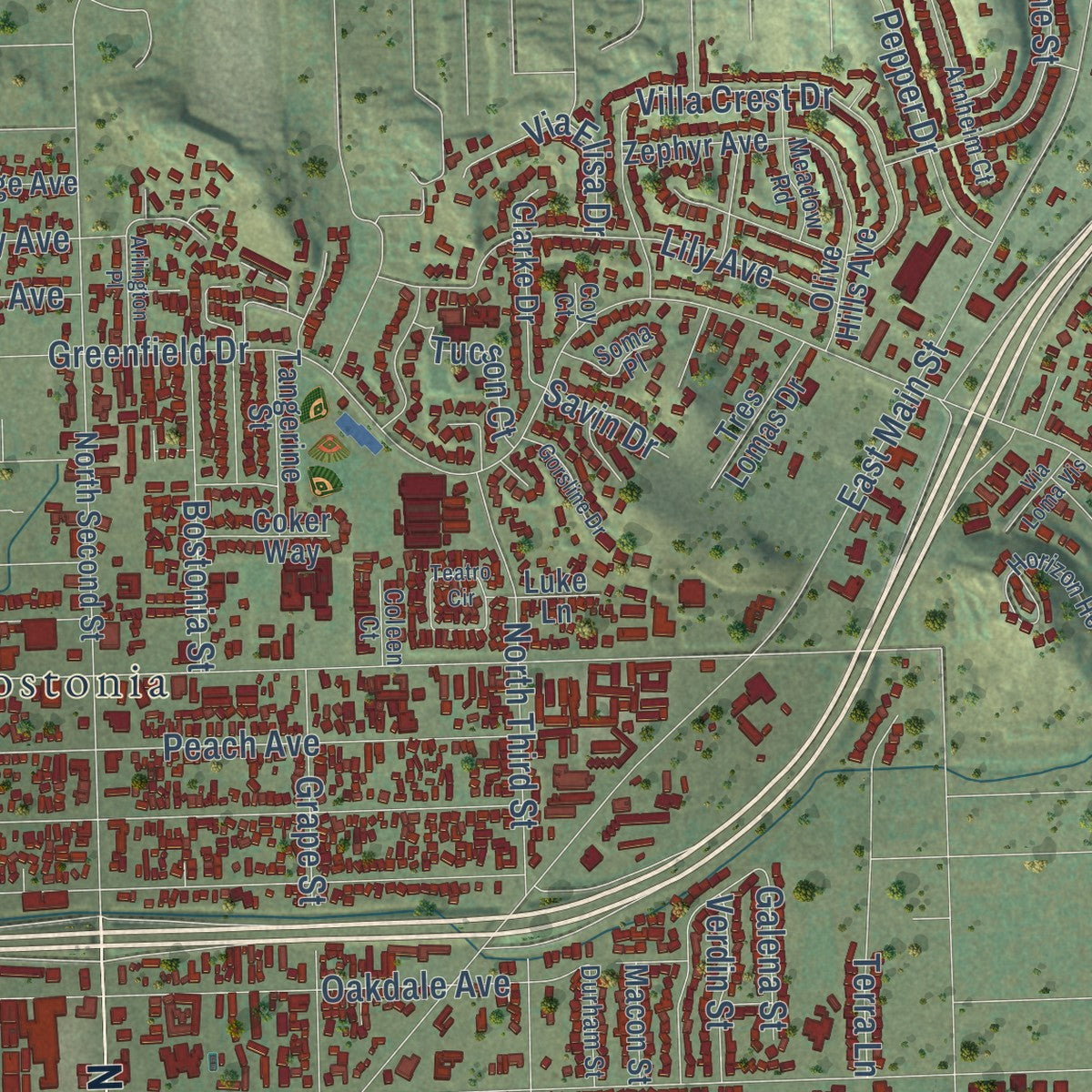 Second close-up of the map of El Cajon, California print showing more streets and buildings