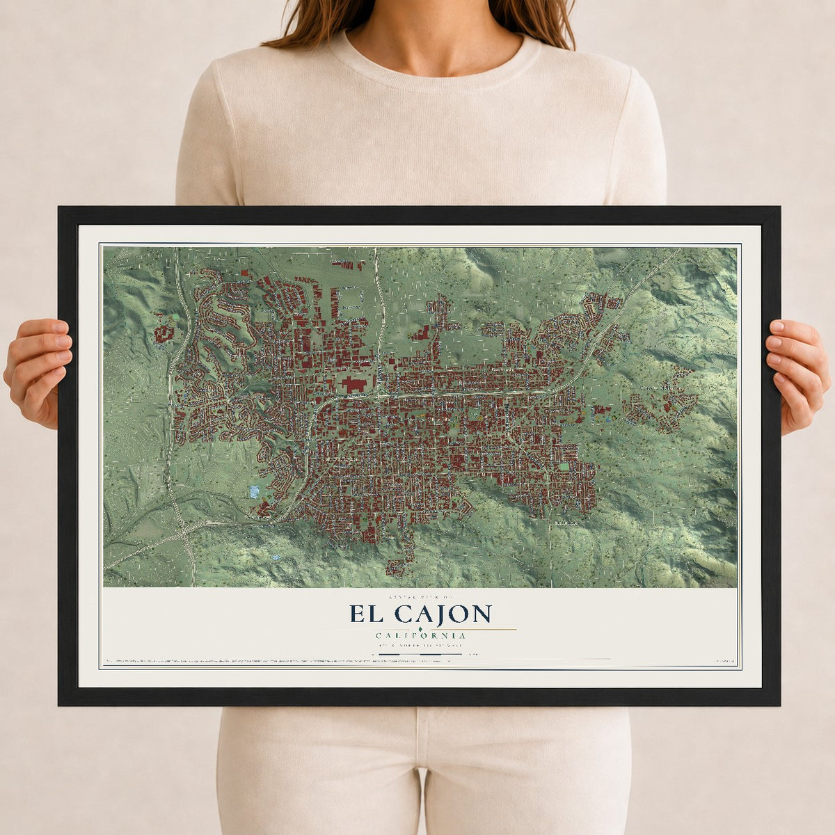 Map of El Cajon, California, 12 x 18 inch print in a black wood frame