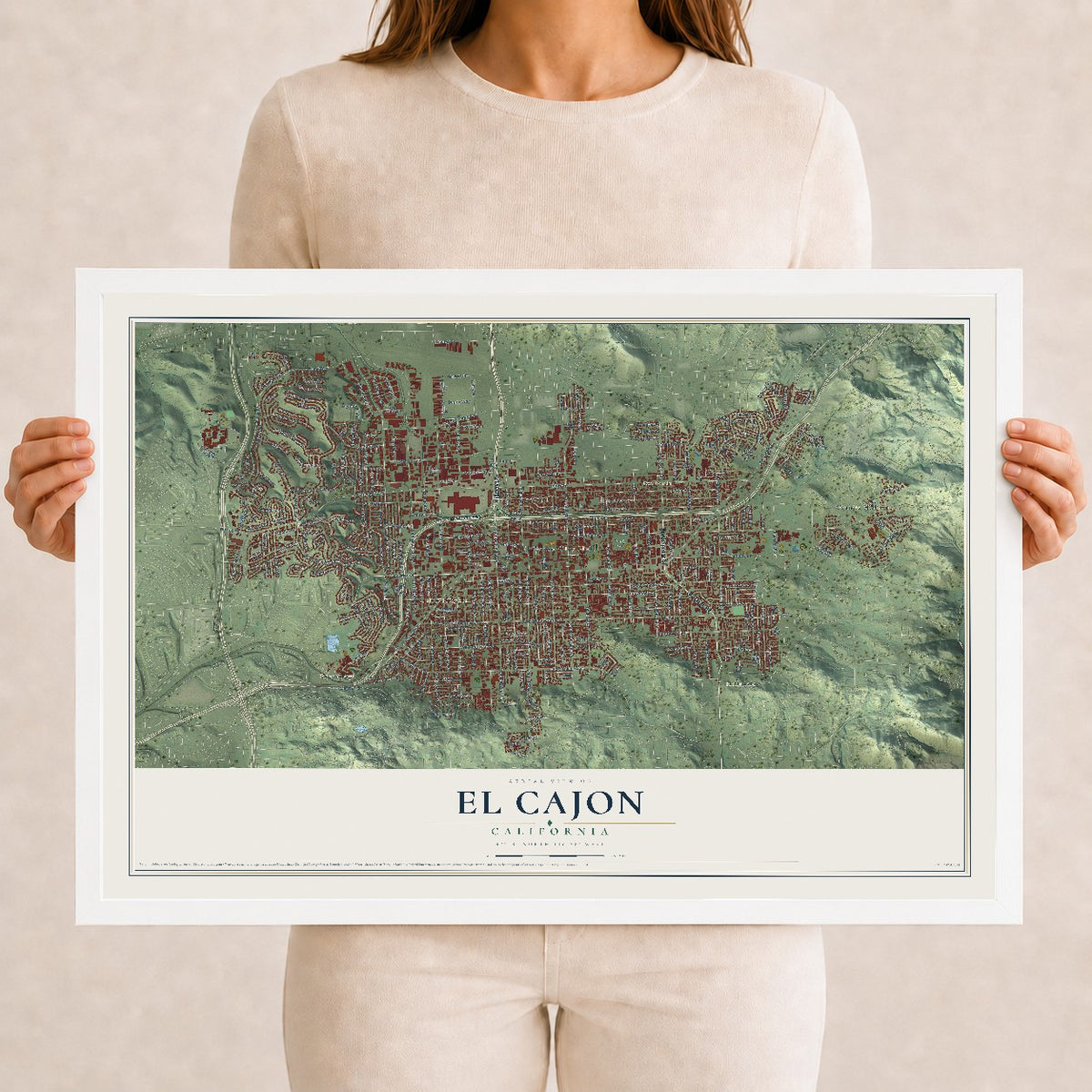 Map of El Cajon, California, 12 x 18 inch print in a white wood frame