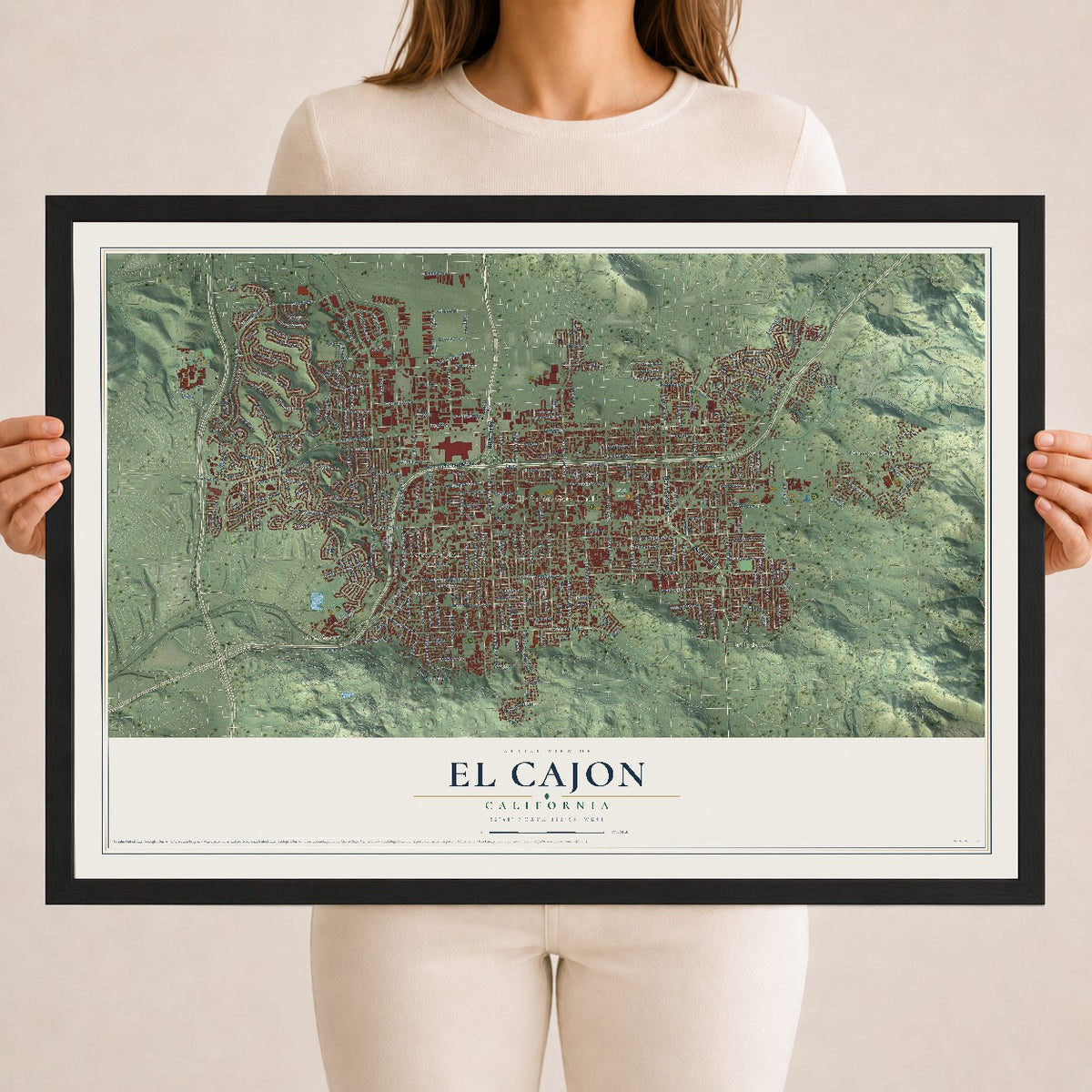Map of El Cajon, California, 18 x 24 inch print in a black wood frame