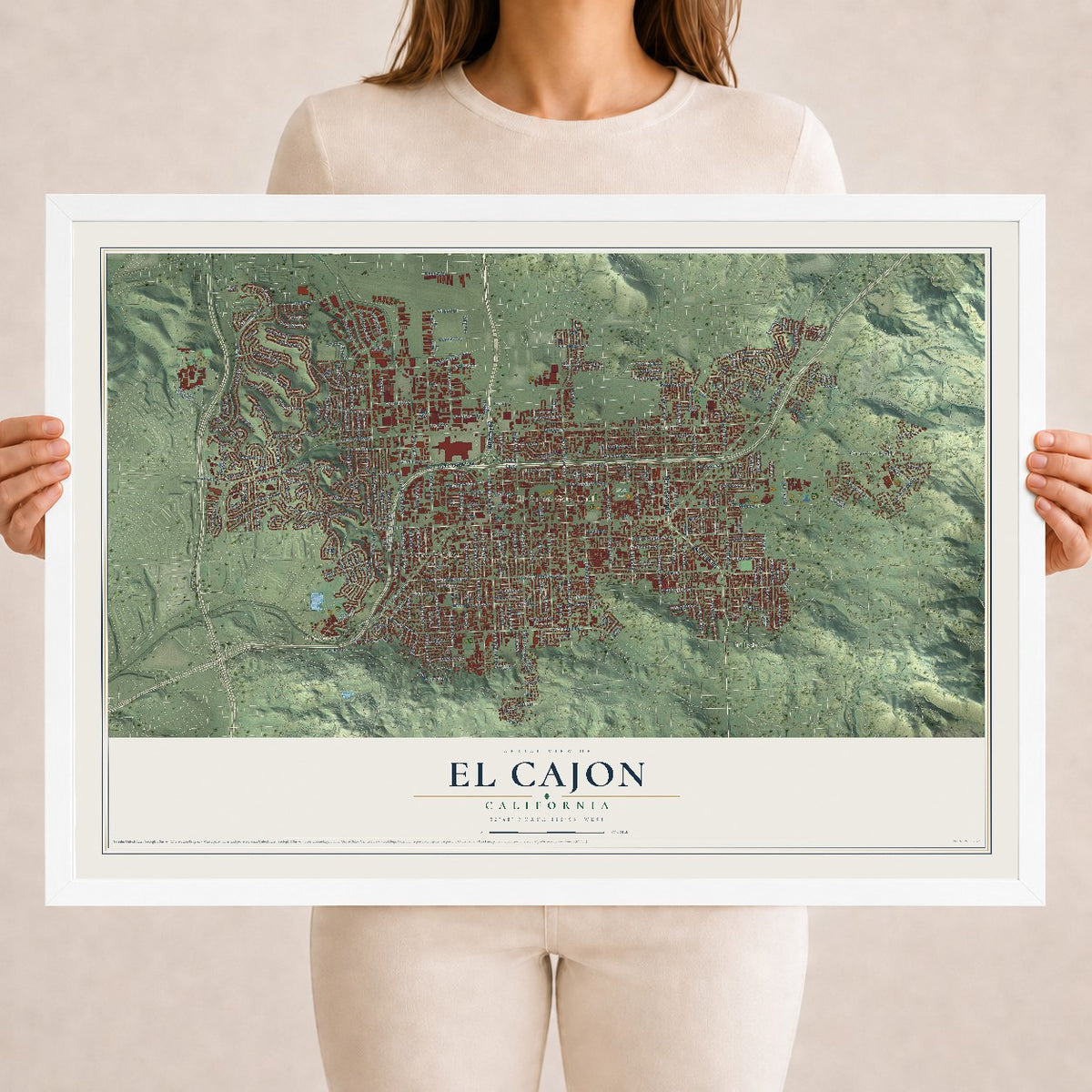 Map of El Cajon, California, 18 x 24 inch print in a white wood frame