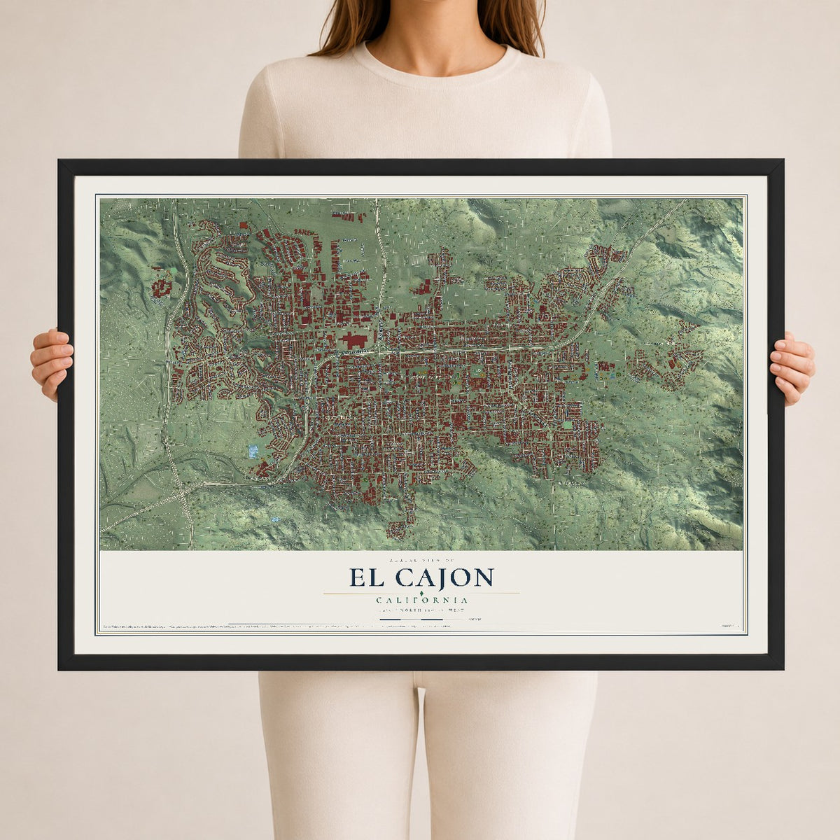 Map of El Cajon, California, 24 x 36 inch print in a black wood frame