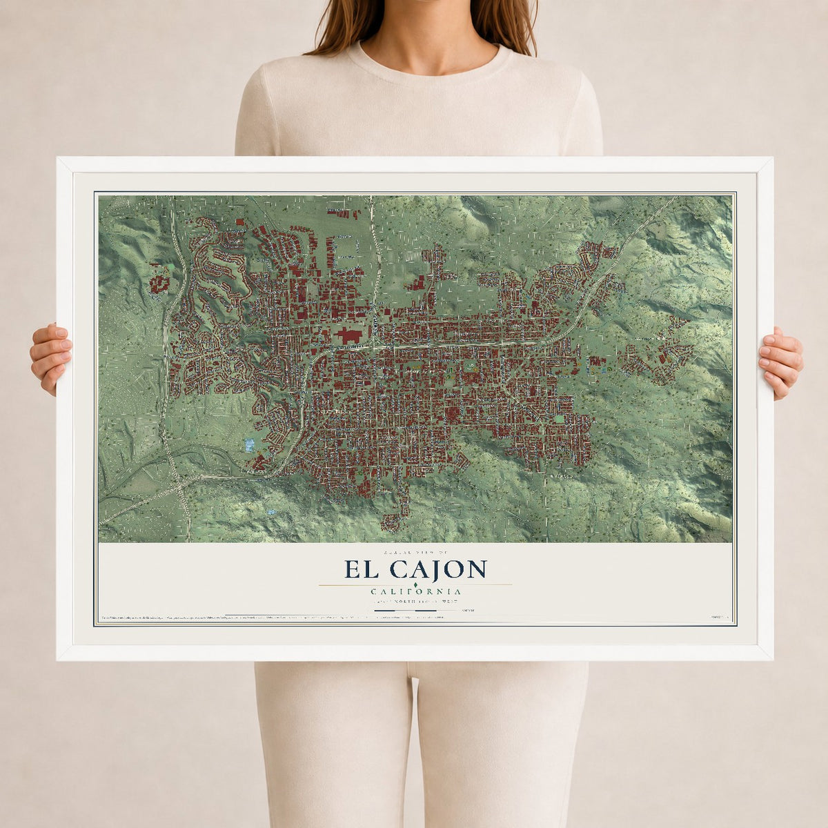 Map of El Cajon, California, 24 x 36 inch print in a white wood frame