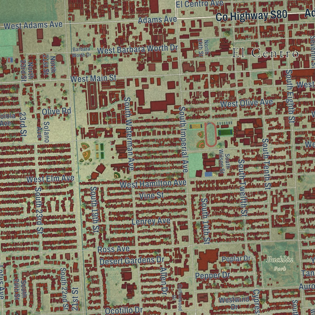 Close-up of the map of El Centro, California print showing street and building detail