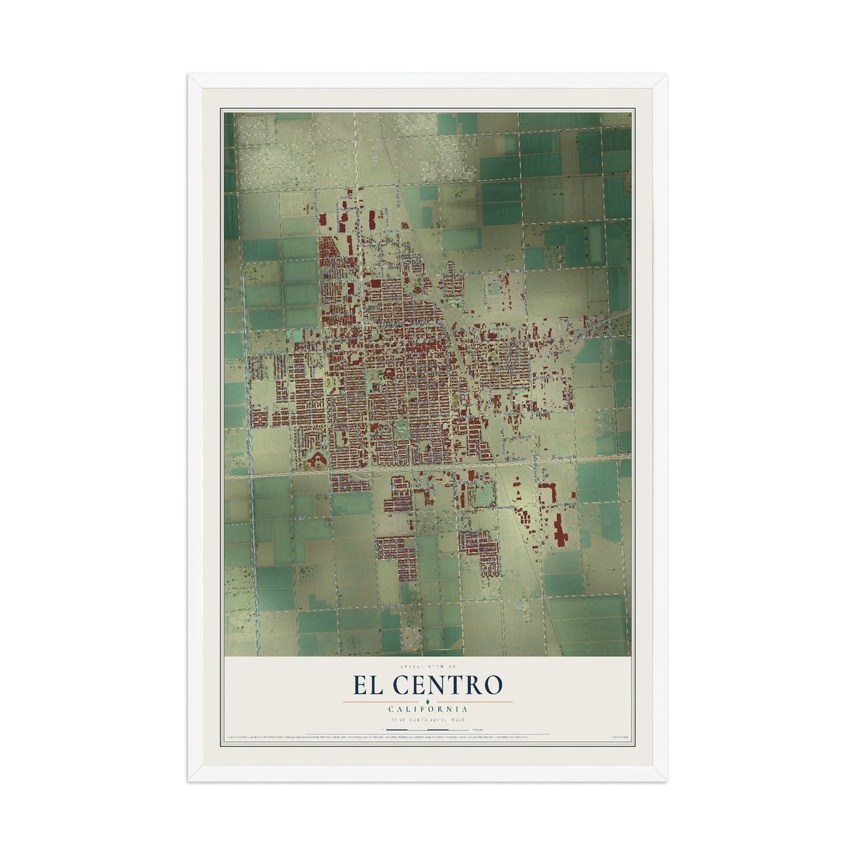 Map of El Centro, California, 12 x 18 inch print in a white wood frame