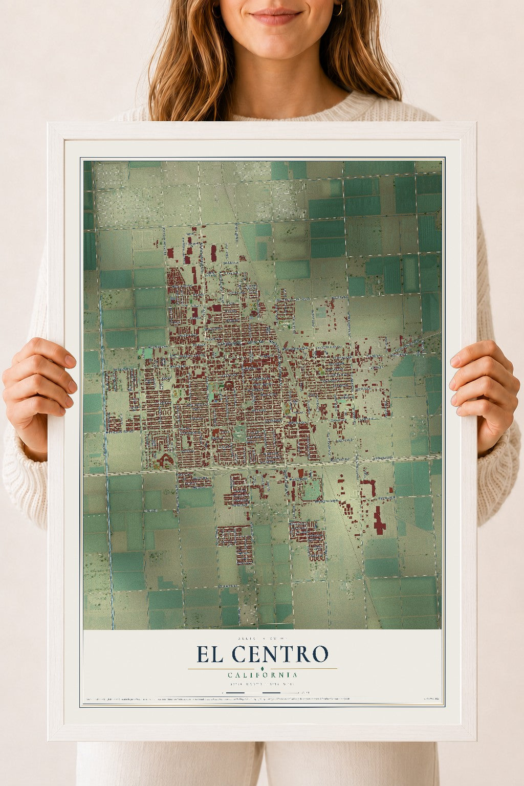 Map of El Centro, California, 18 x 24 inch print in a white wood frame