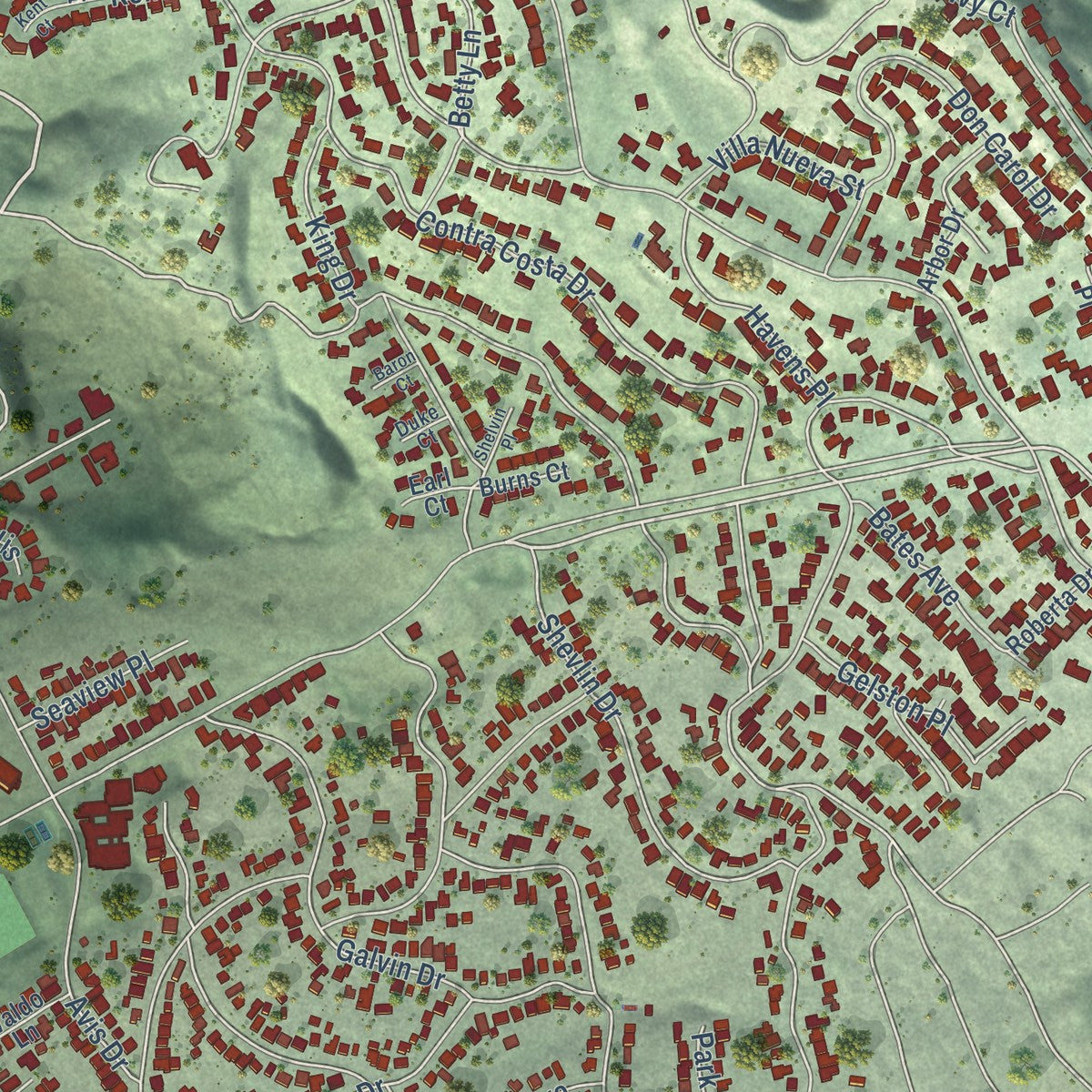 Close-up of the map of El Cerrito, California print showing street and building detail