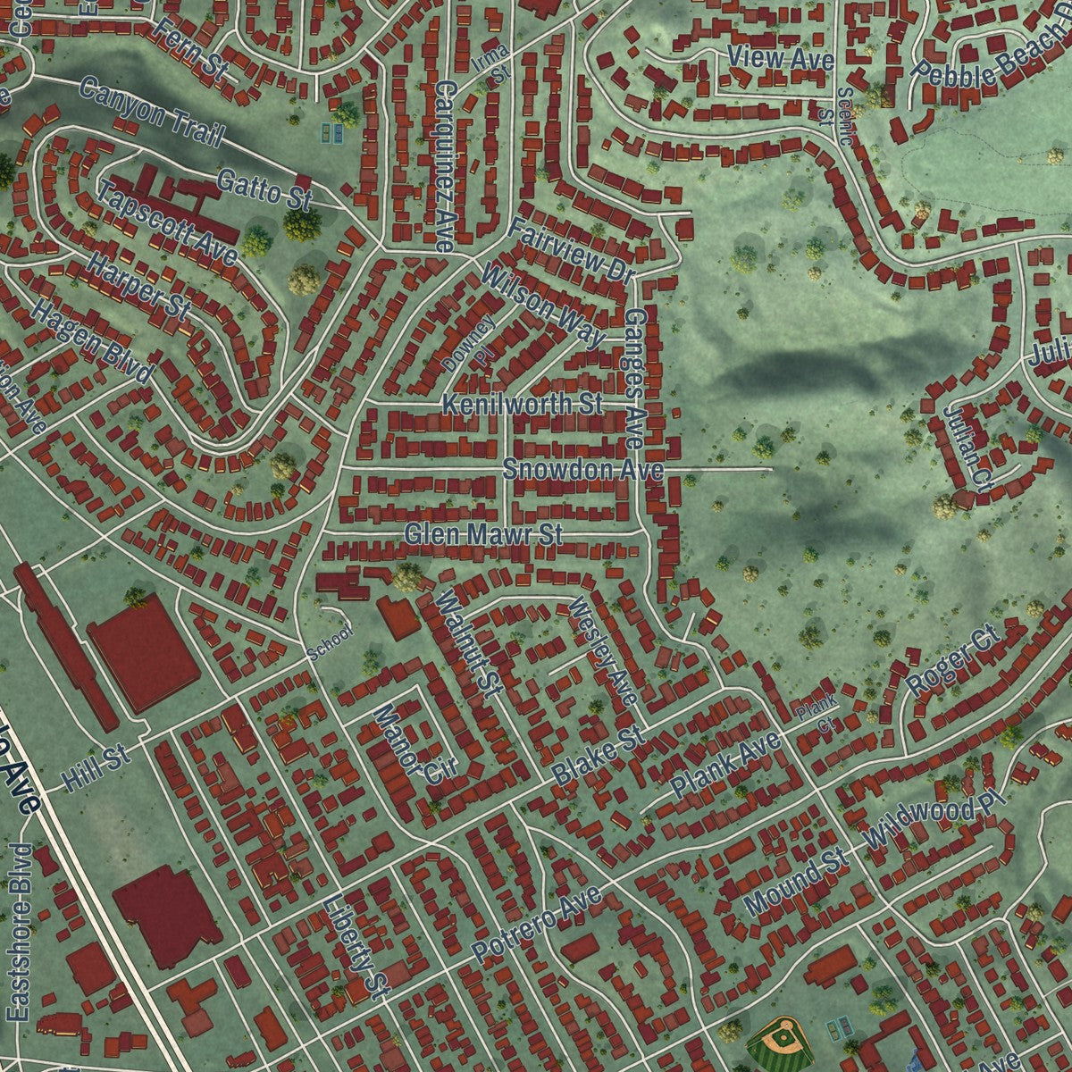Second close-up of the map of El Cerrito, California print showing more streets and buildings
