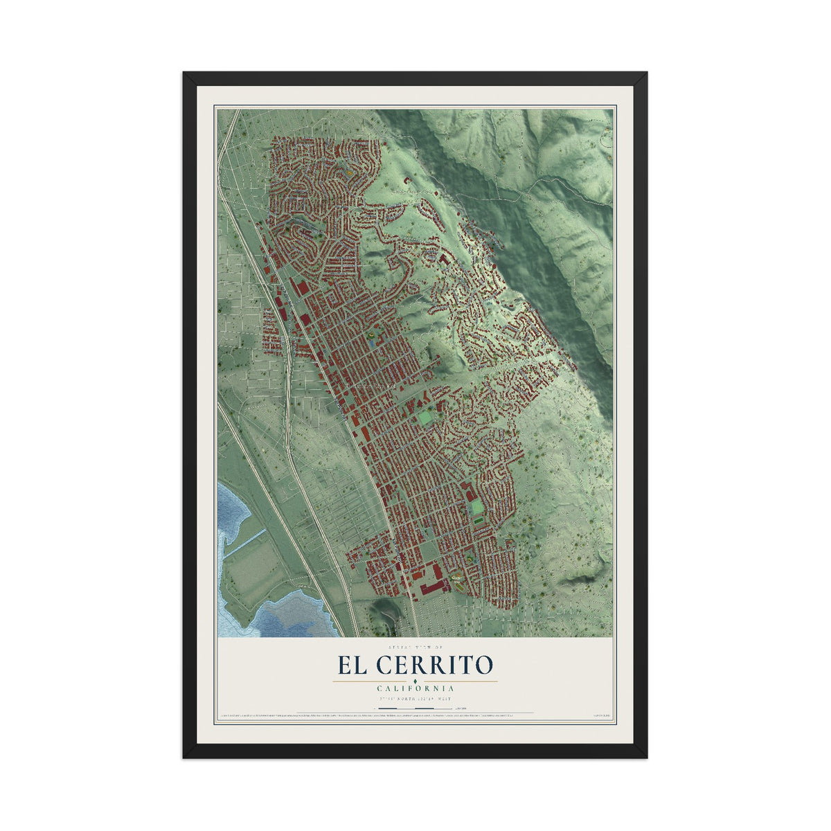 Map of El Cerrito, California, 12 x 18 inch print in a black wood frame