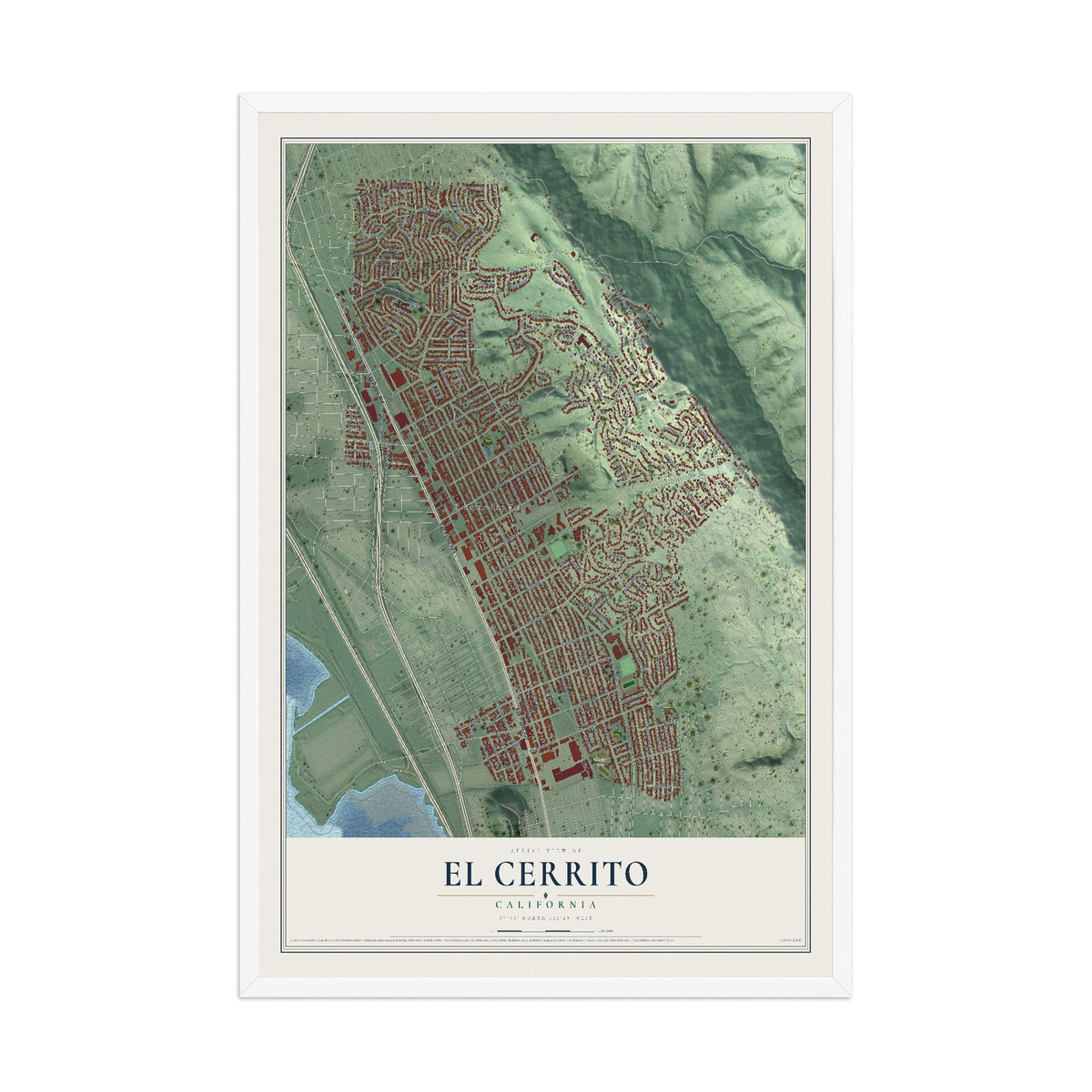 Map of El Cerrito, California, 12 x 18 inch print in a white wood frame