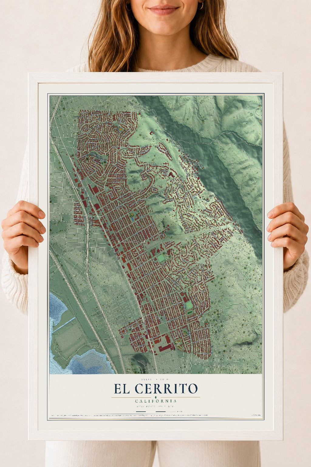 Map of El Cerrito, California, 18 x 24 inch print in a white wood frame