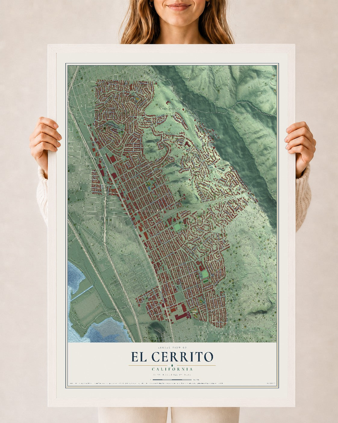 Map of El Cerrito, California, 24 x 36 inch print in a white wood frame