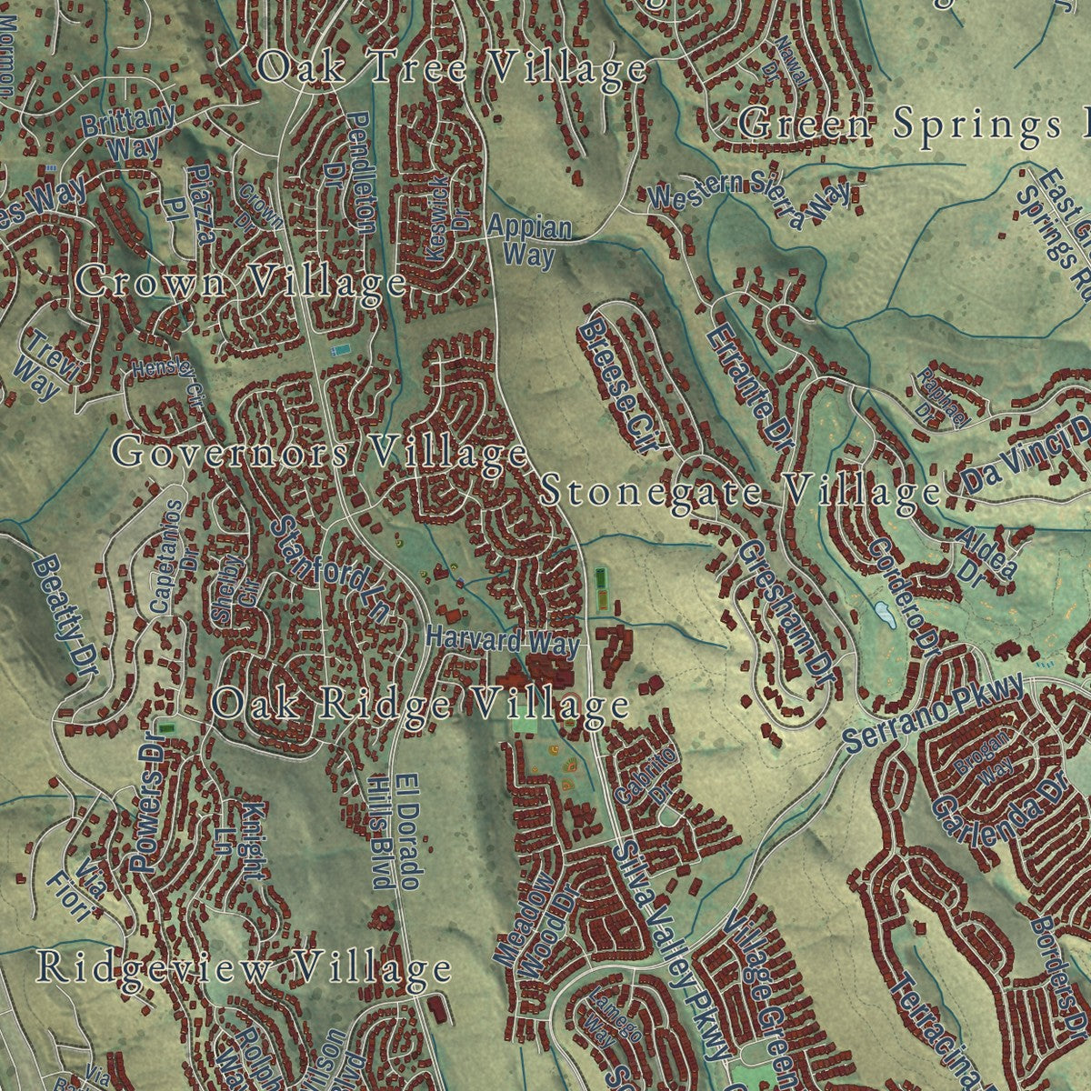 Close-up of the map of El Dorado Hills, California print showing street and building detail