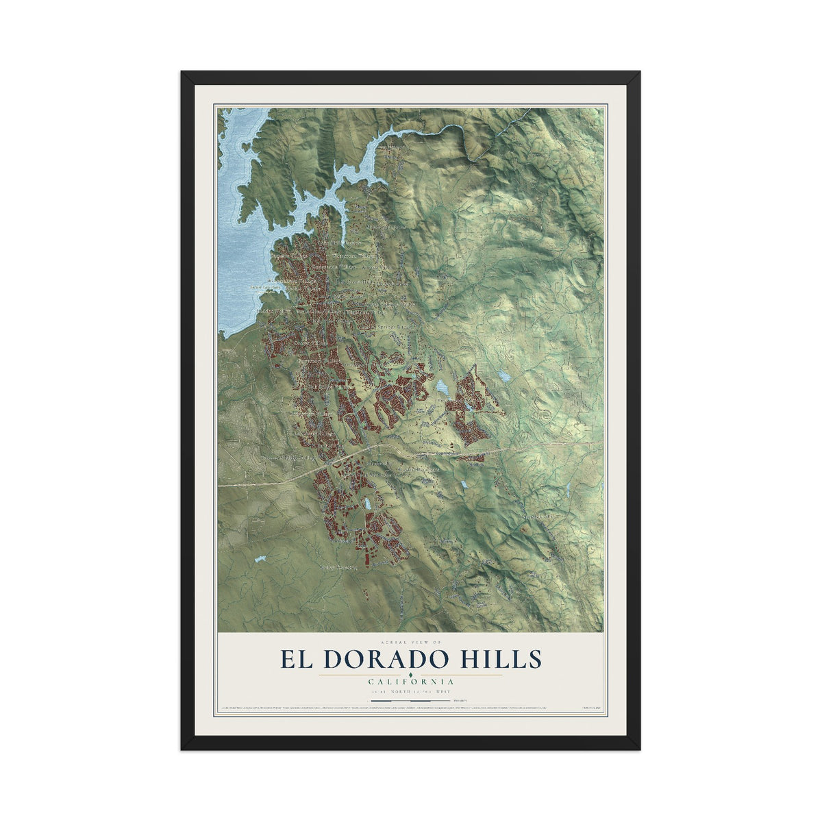 Map of El Dorado Hills, California, 12 x 18 inch print in a black wood frame