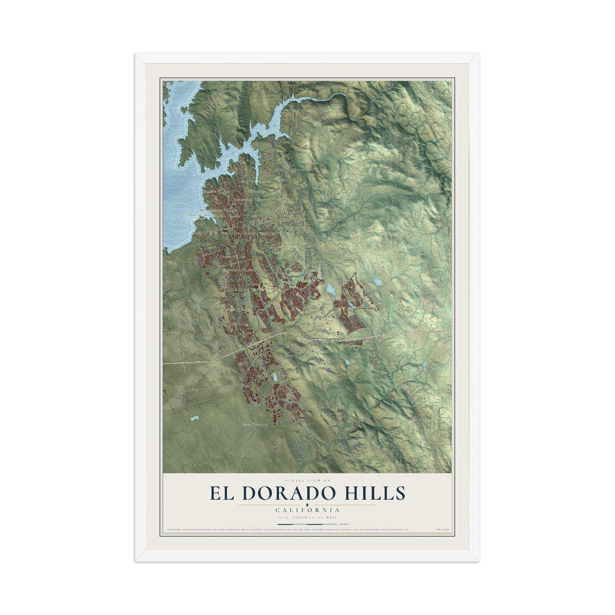 Map of El Dorado Hills, California, 12 x 18 inch print in a white wood frame