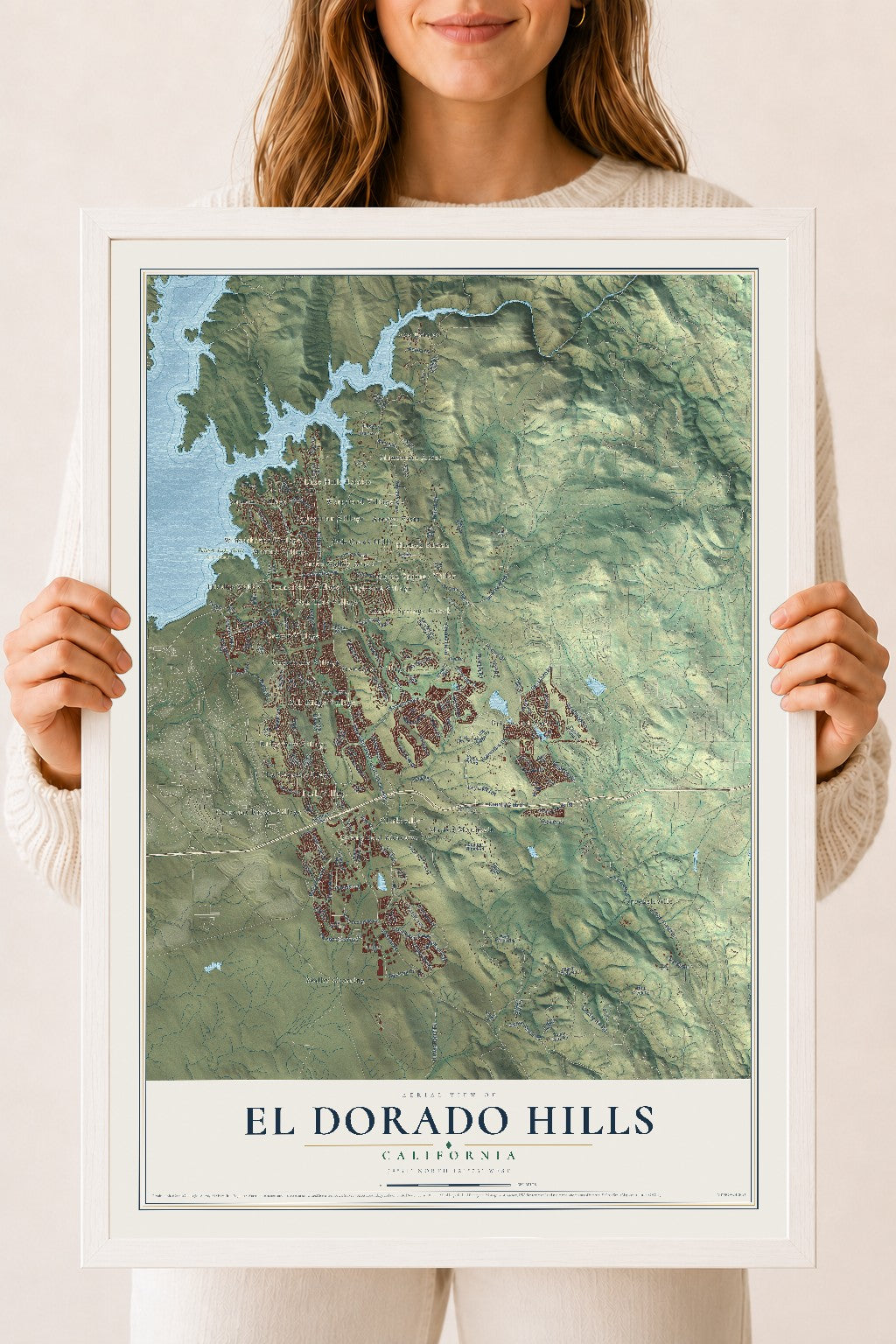 Map of El Dorado Hills, California, 18 x 24 inch print in a white wood frame