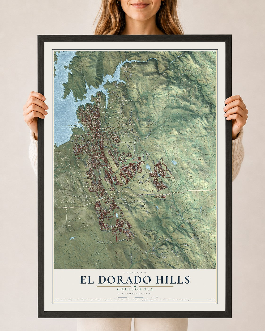 Map of El Dorado Hills, California, 24 x 36 inch print in a black wood frame